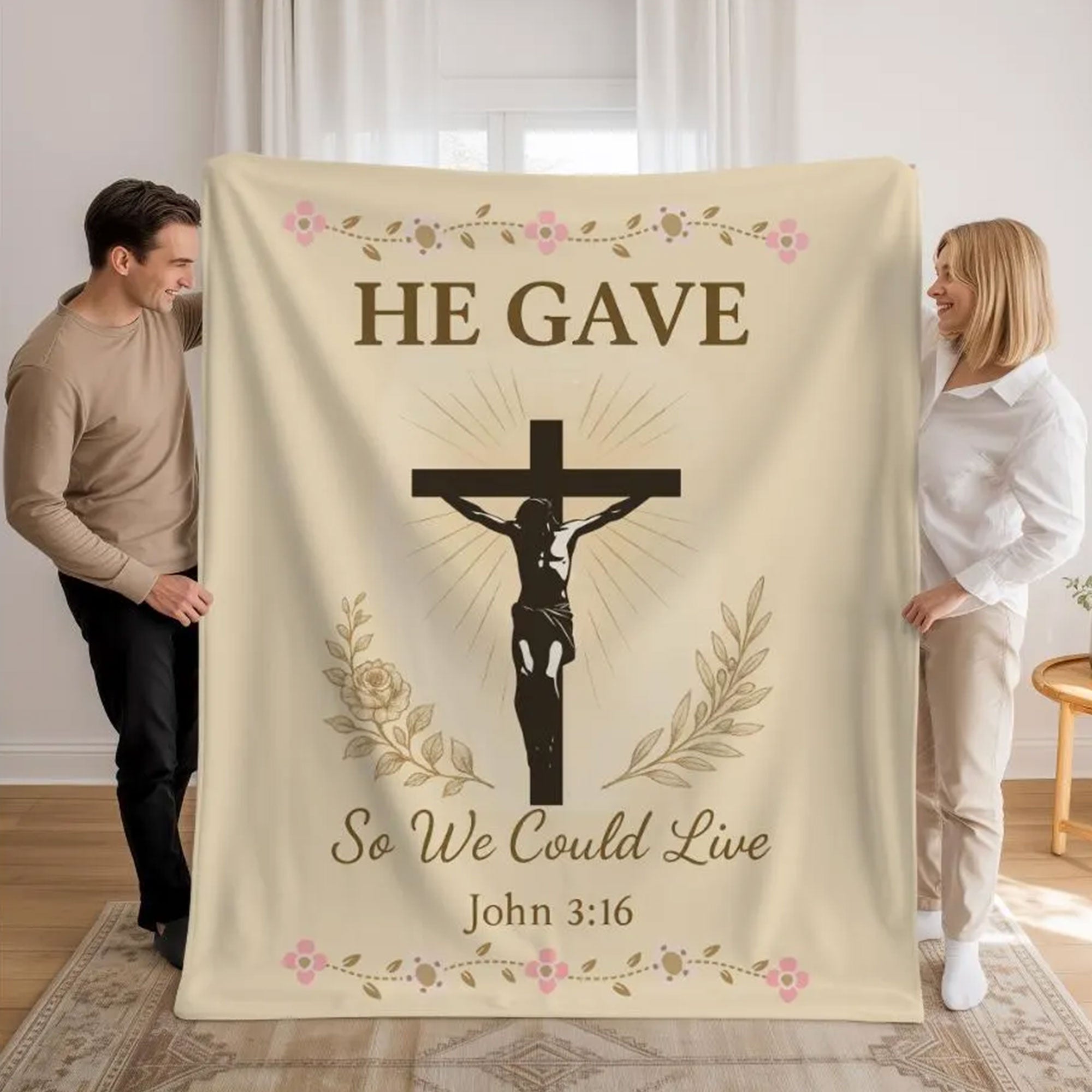 Christian Fleece Blanket, Jesus Crucifixion Throw, He Gave So We Could Live Scripture Blanket, Faith Gift for Mom, Grandma, Bible Verse Gift