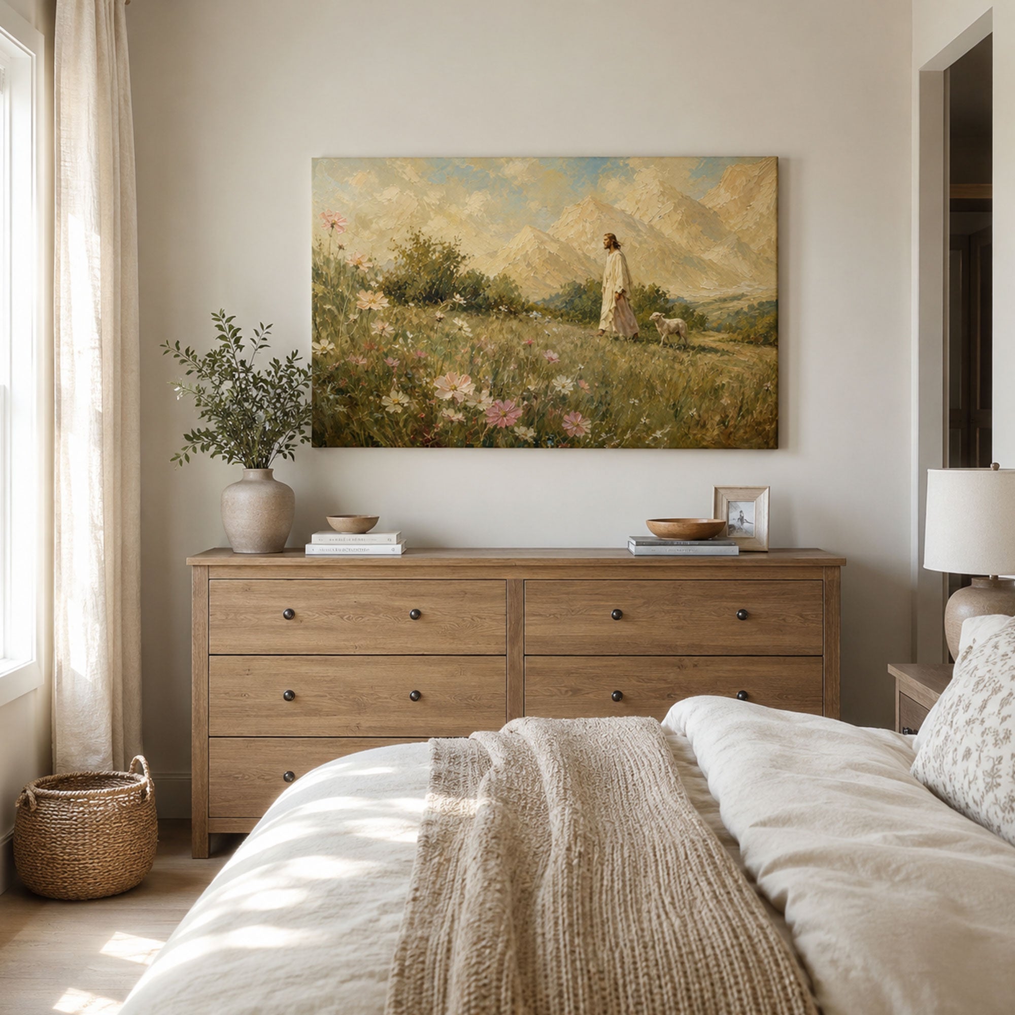 Good Shepherd Jesus Panoramic Canvas Print, Mountain Meadow Christian Wall Art, Faith Home Decor Gift