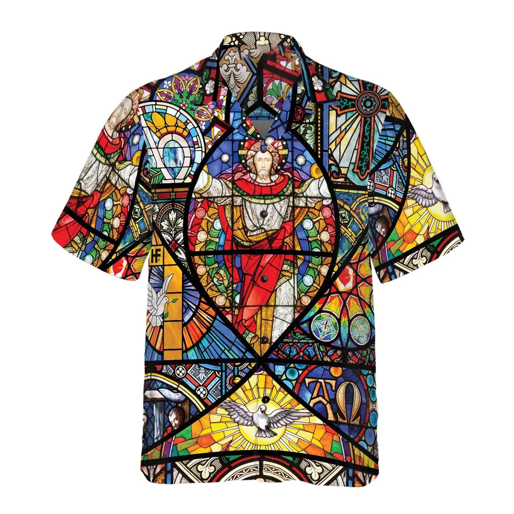 Jesus Stained Glass Hawaiian Shirt, Christian Faith Aloha Shirt, Religious Summer Button Down, Biblical Gift