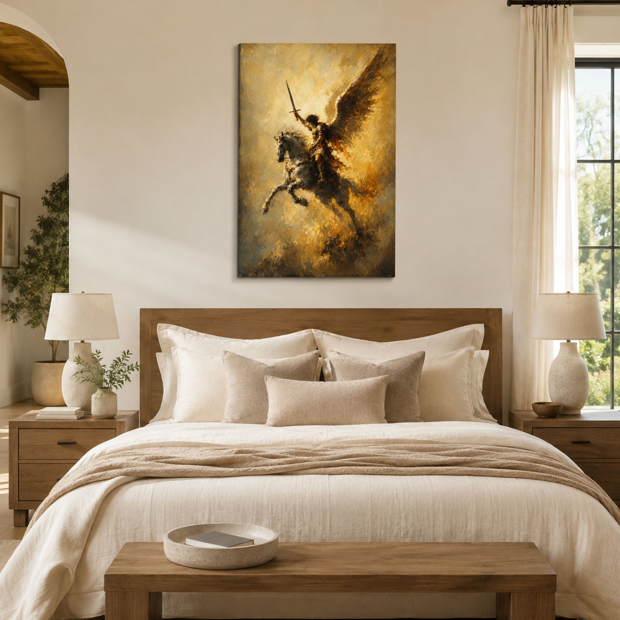 Saint Michael the Archangel on Horseback Canvas Print, Heavenly Warrior Catholic Wall Decor, Protection Faith Gift