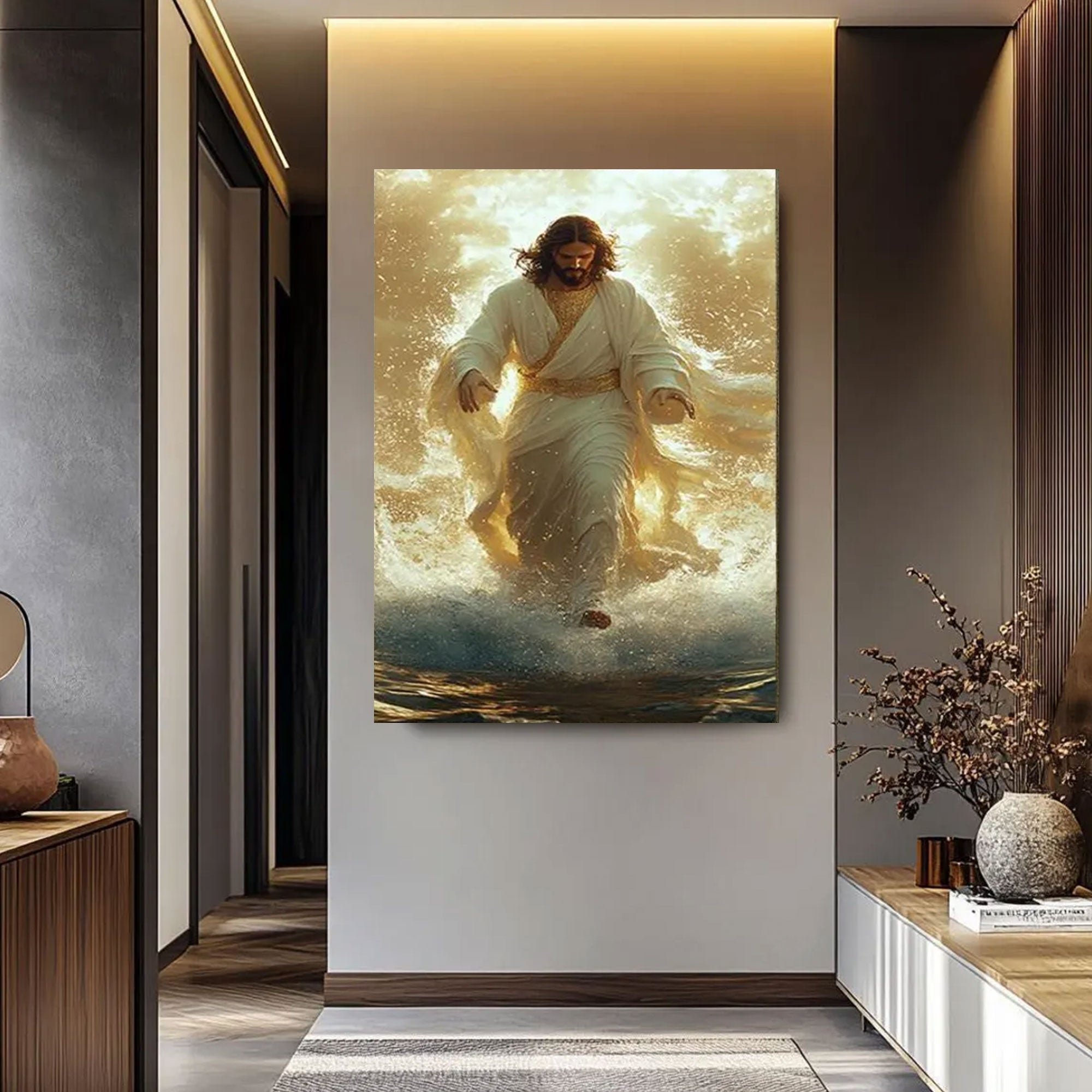 Jesus Walking on Water Canvas Print, Christian Wall Art, Divine Light Faith Decor, Inspirational Religious Gift for Home