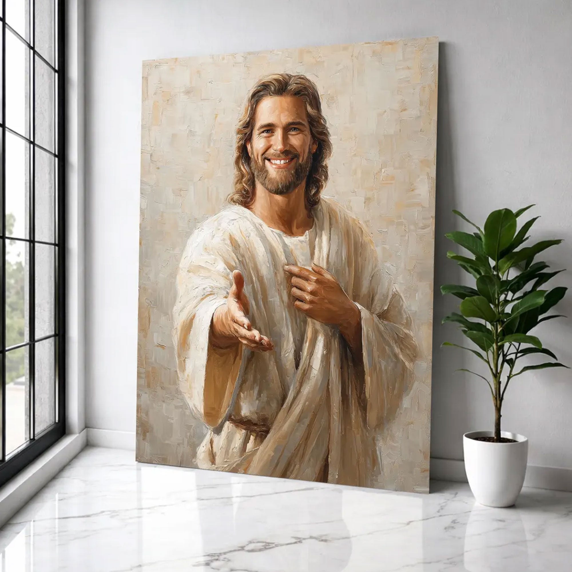 Smiling Jesus Canvas Print, Welcoming Christ Wall Art, Inspirational Christian Home Decor, Religious Gift