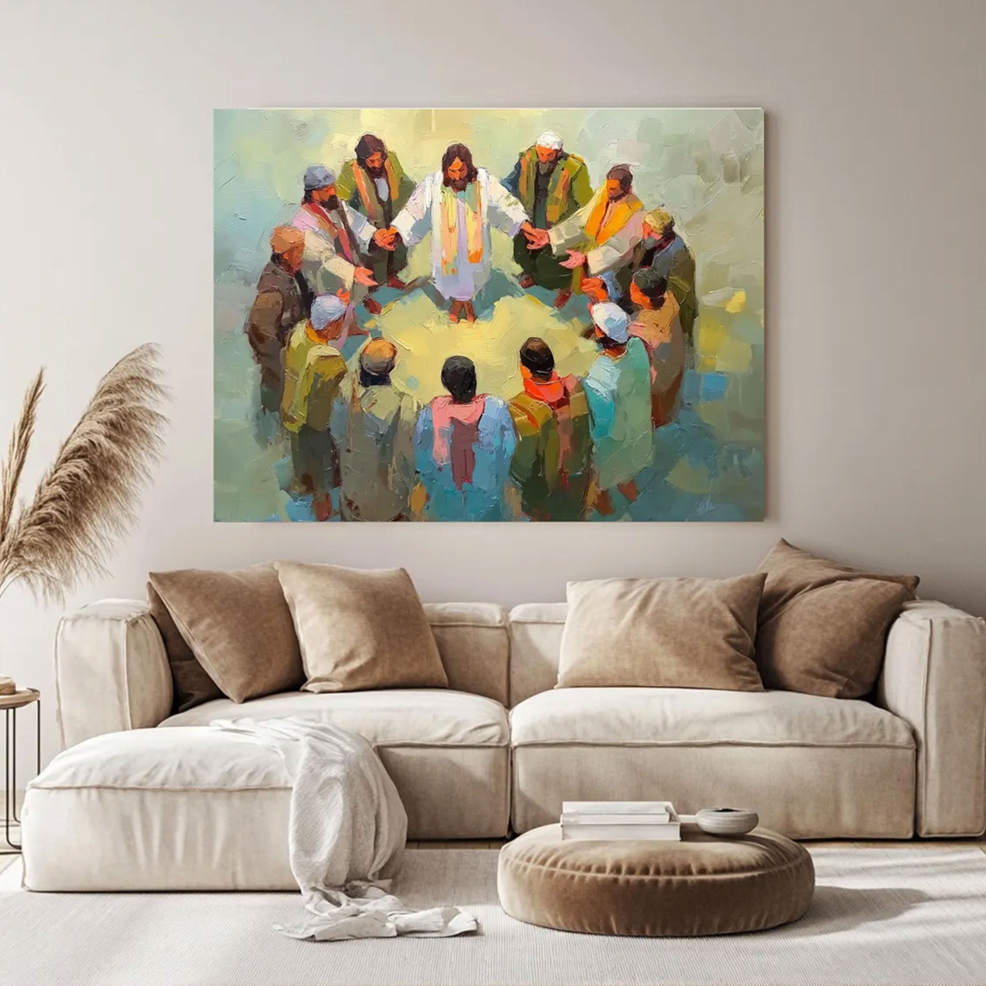 Jesus Praying with Disciples Expressionist Canvas Art, Christian Faith Wall Decor, Spiritual Religious Home Artwork