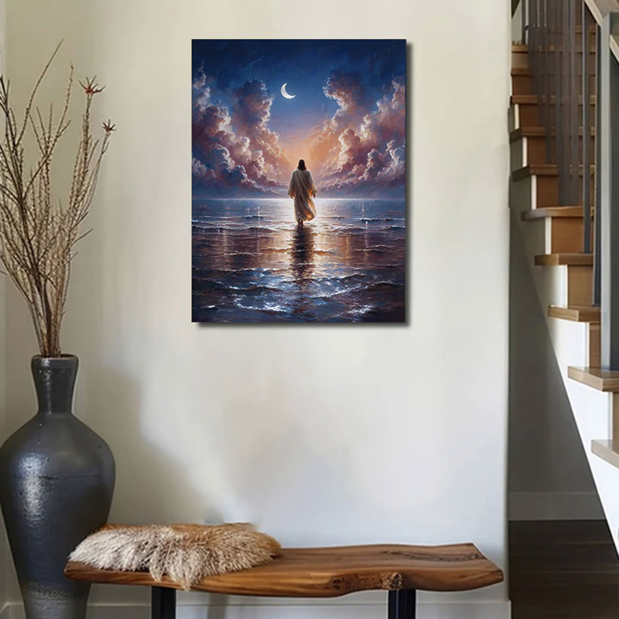 Easter Twilight Waters Jesus Canvas Print, Inspirational Christian Wall Art, Peaceful Faith Home Decor