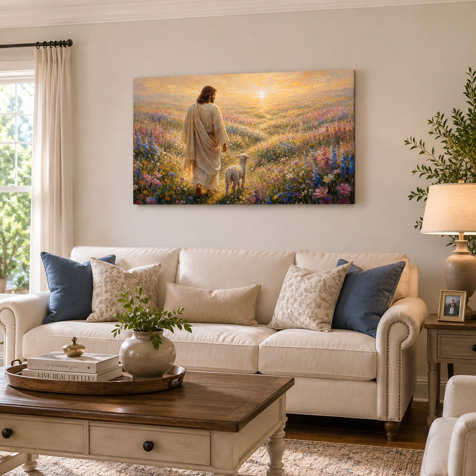 Jesus and Lamb in Wildflower Field Canvas Print, Christian Home Decor