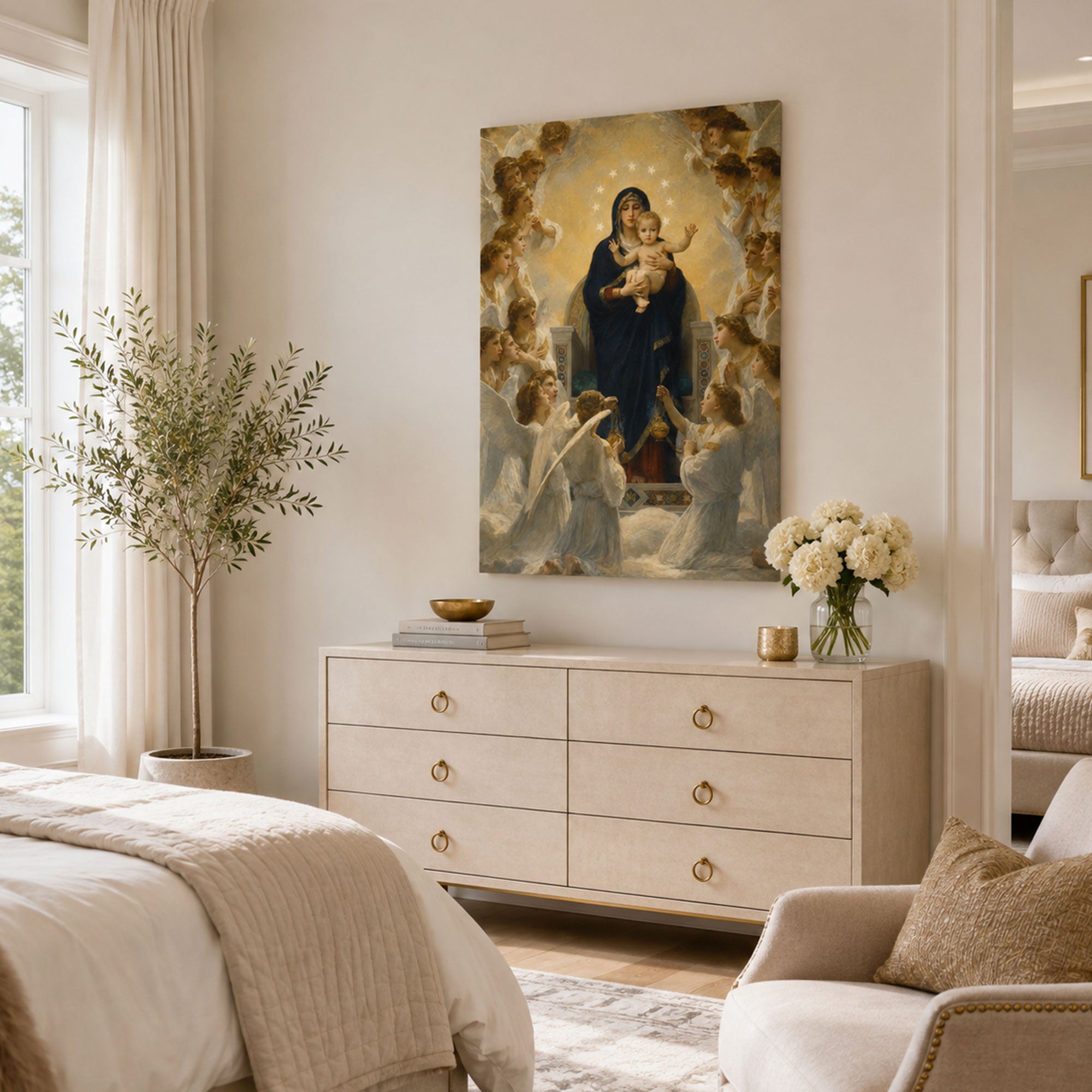 Our Lady Queen of Angels Canvas Print, Virgin Mary and Child Jesus Catholic Wall Decor, Marian Faith Gift
