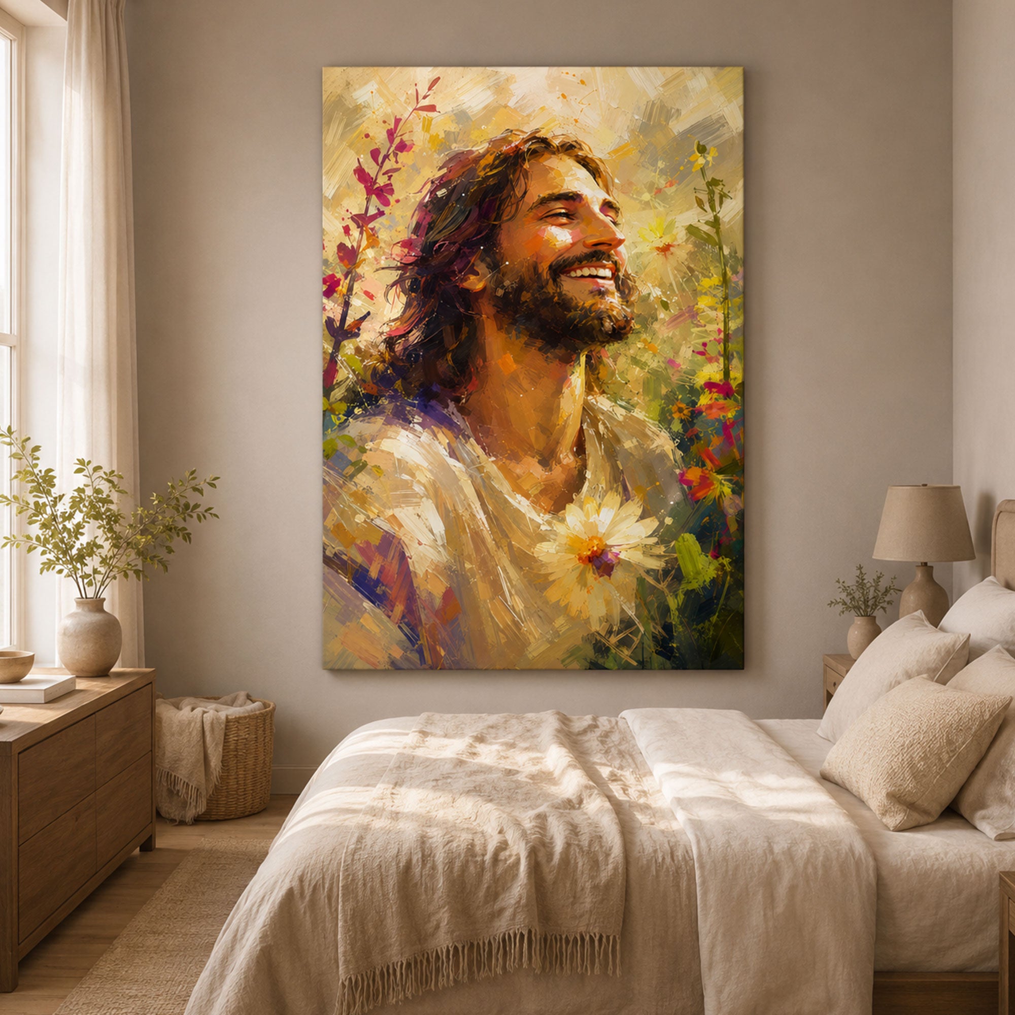 Smiling Jesus Portrait Canvas Print, Joyful Christian Wall Art, Floral Faith Home Decor