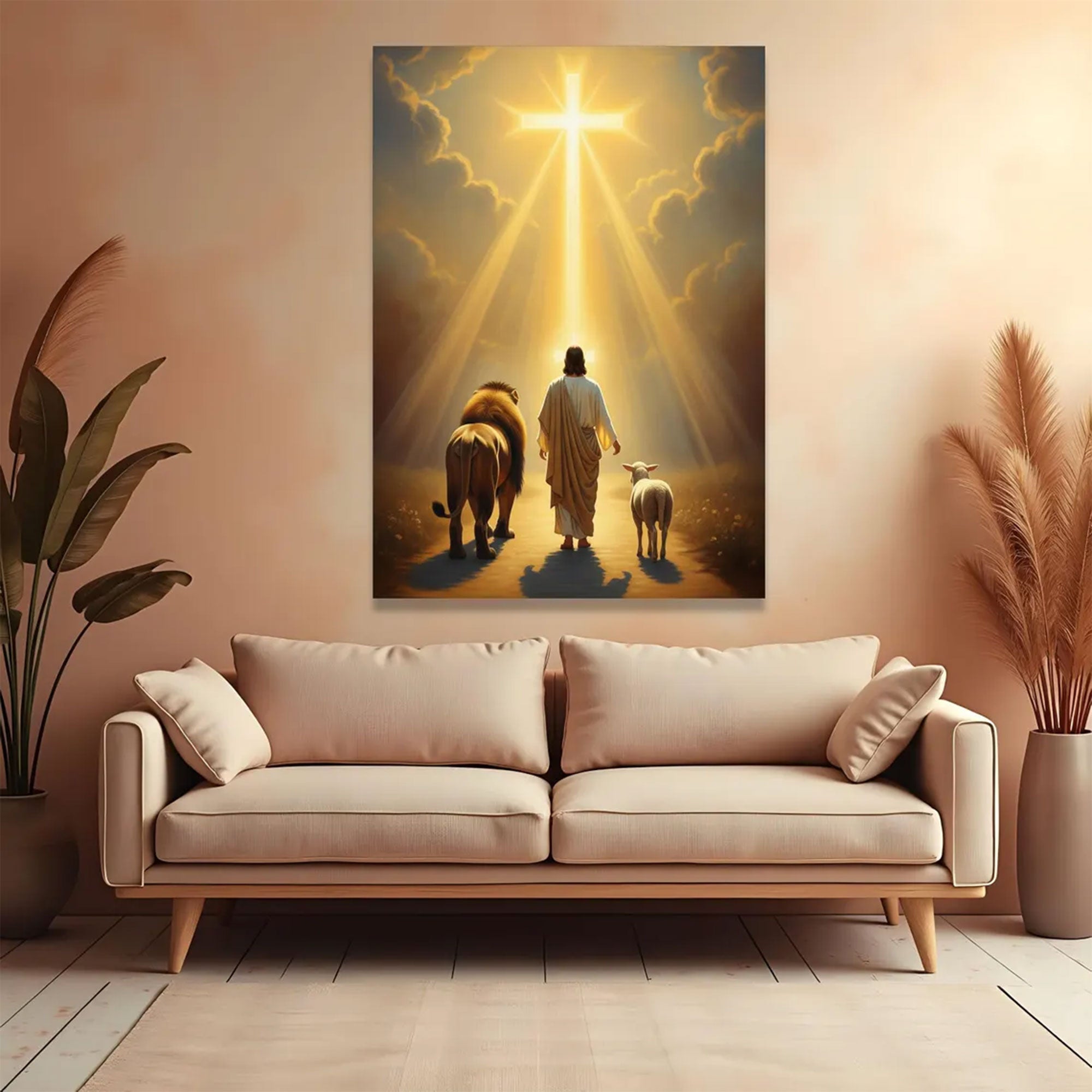 Jesus Walking with Lion and Lamb Canvas, Radiant Cross Light, Christian Wall Art Decor