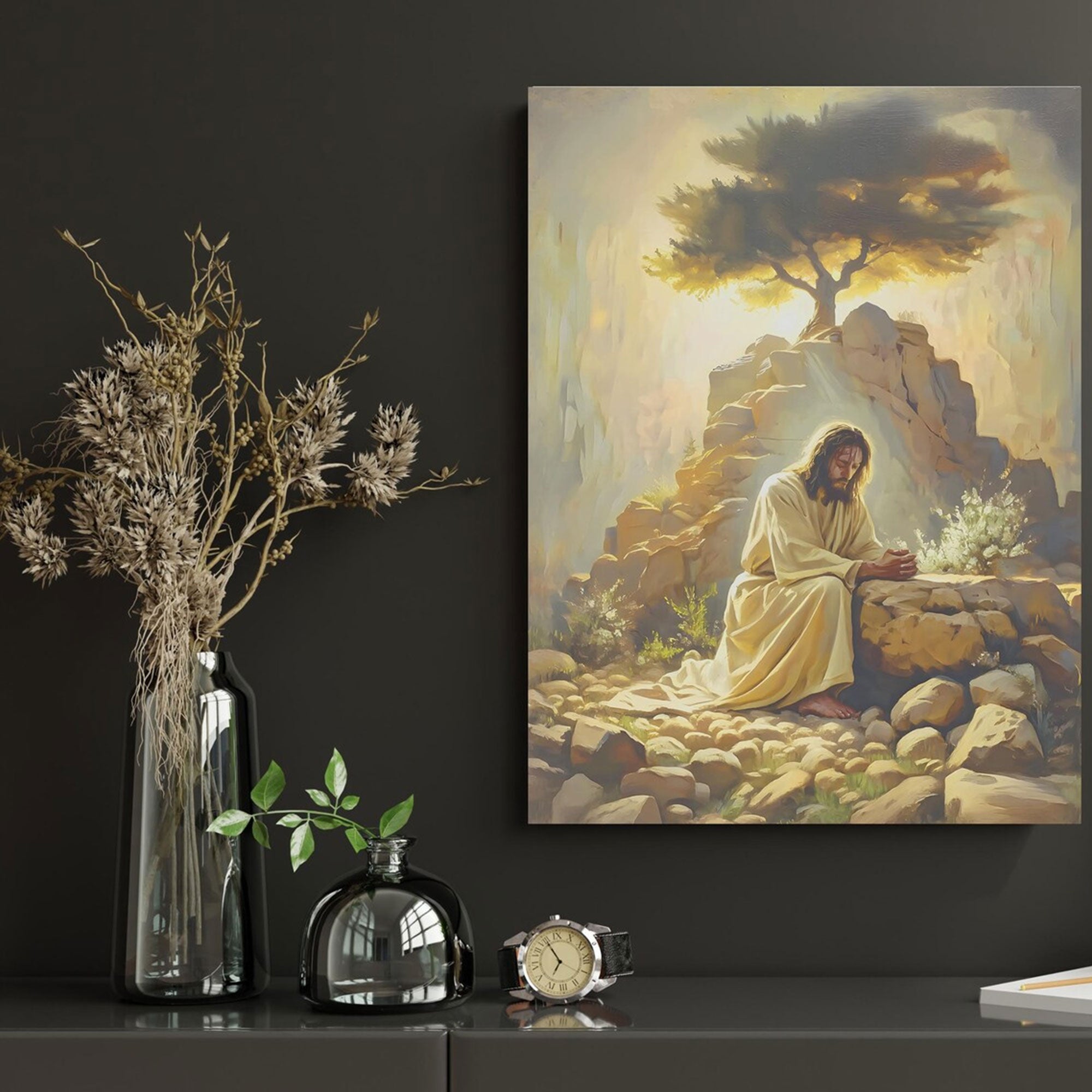 Jesus Praying in Gethsemane Canvas Wall Art, Biblical Garden Scene, Christian Religious Decor