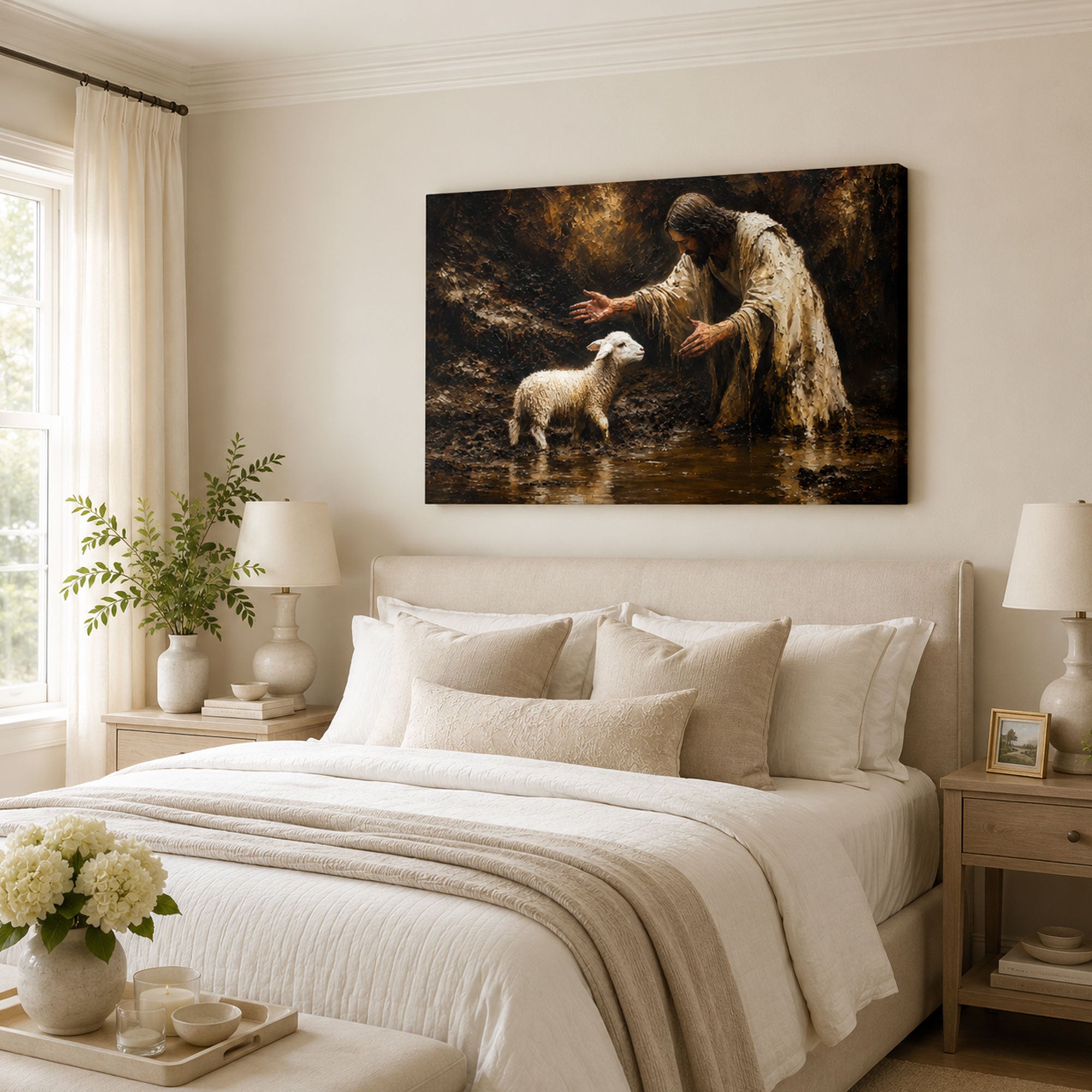 Jesus Rescuing the Lost Lamb Canvas Print, Earth Tone Christian Decor