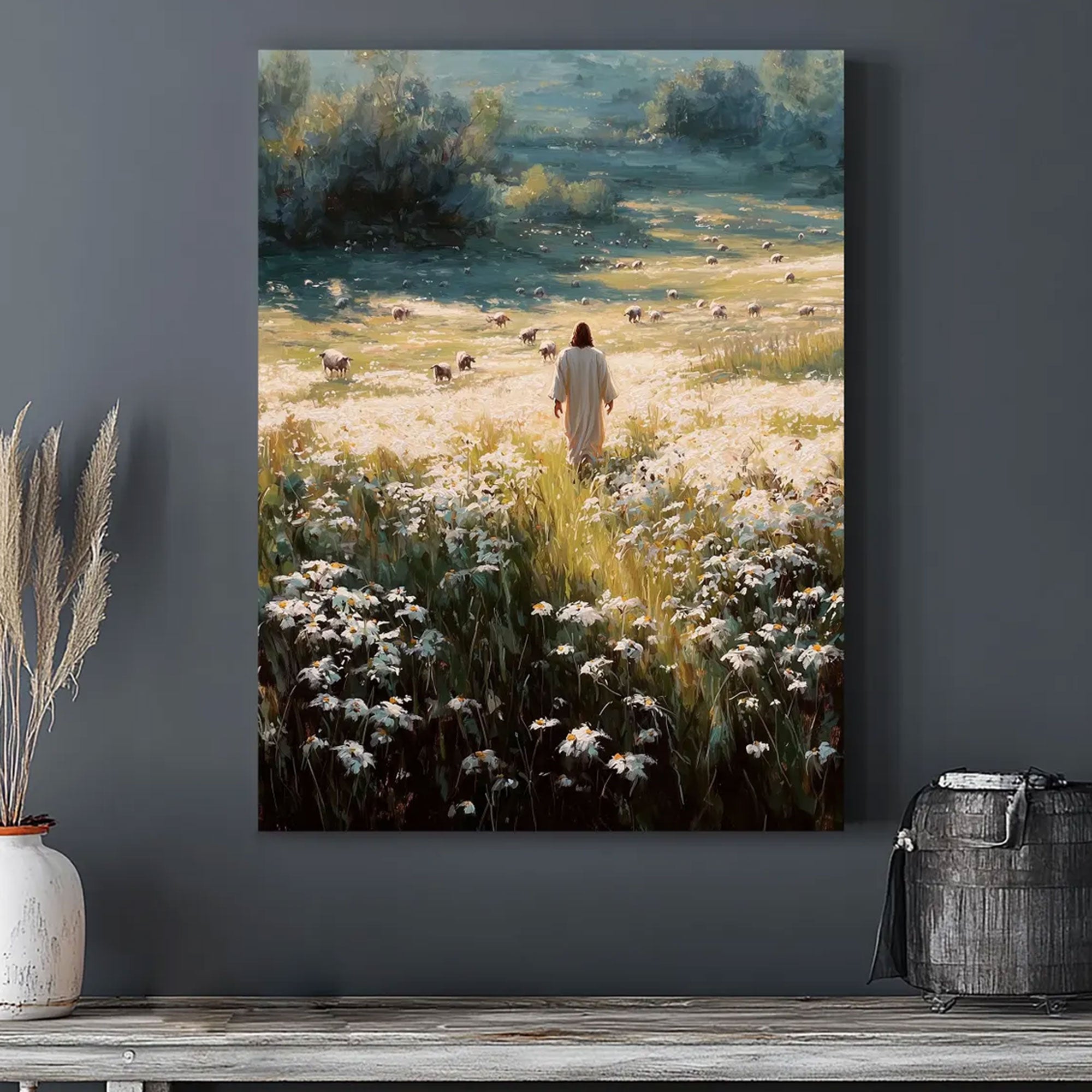 Good Shepherd Jesus Canvas Print, Jesus in Daisy Meadow Wall Art, Christian Faith Home Decor
