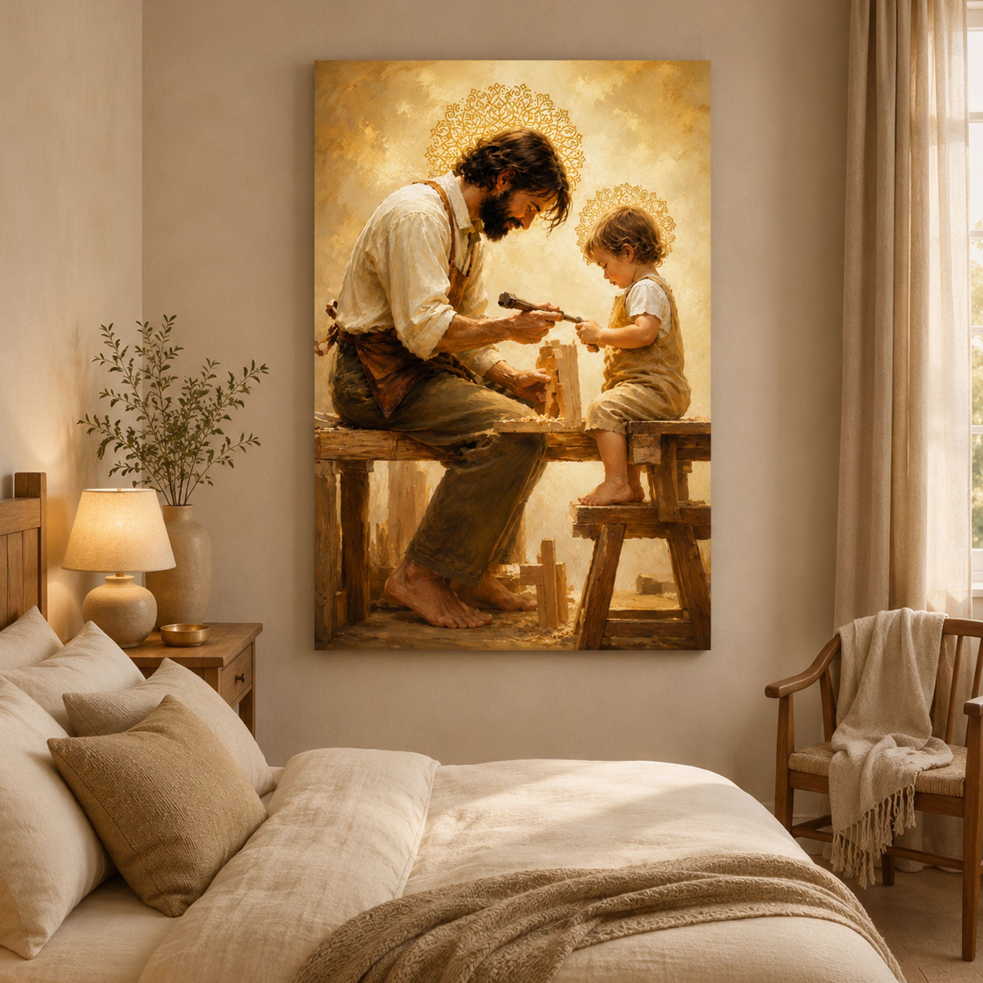 Saint Joseph Teaching Child Jesus Canvas Print, Catholic Wall Art, Fatherly Love Home Decor