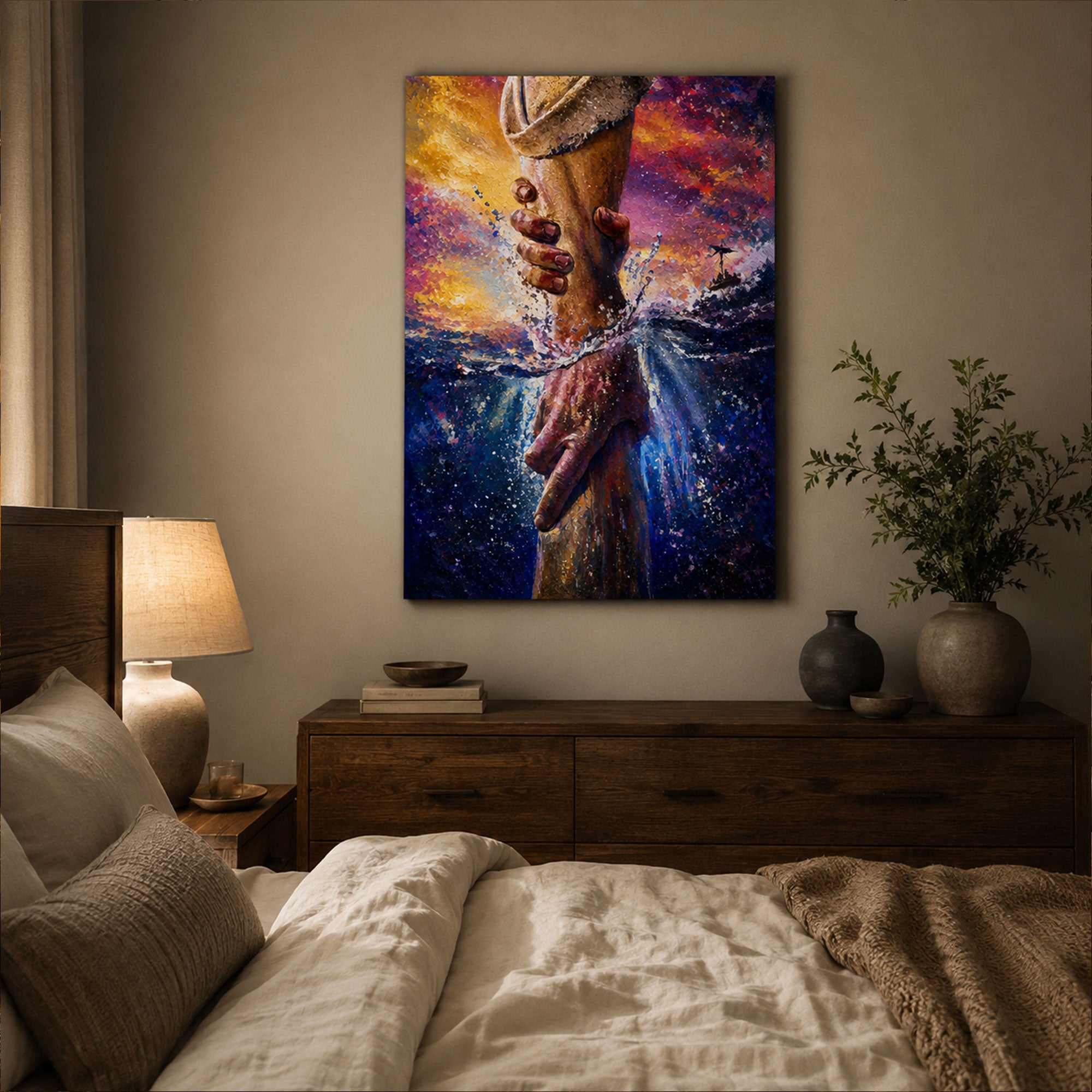 Jesus Saving Peter Canvas Print, Stormy Sea Christian Wall Art, Faith Over Fear Home Decor