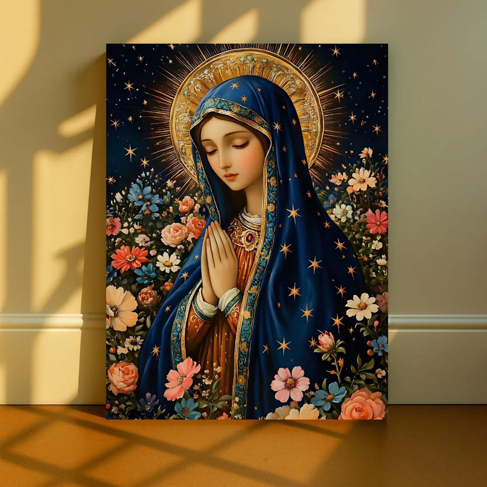 Virgin Mary Canvas Print, Starry Madonna Floral Wall Art, Catholic Home Decor, Blessed Mother Faith Artwork
