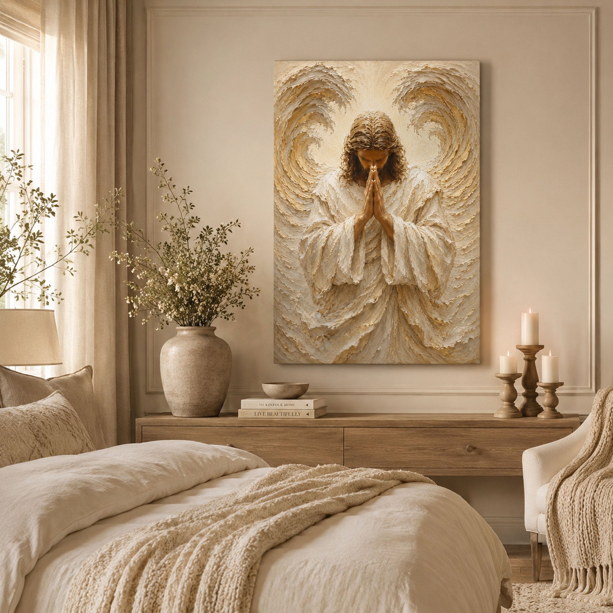 Praying Guardian Angel Canvas Print, Christian Angel Wall Art, Faith Home Decor Gift