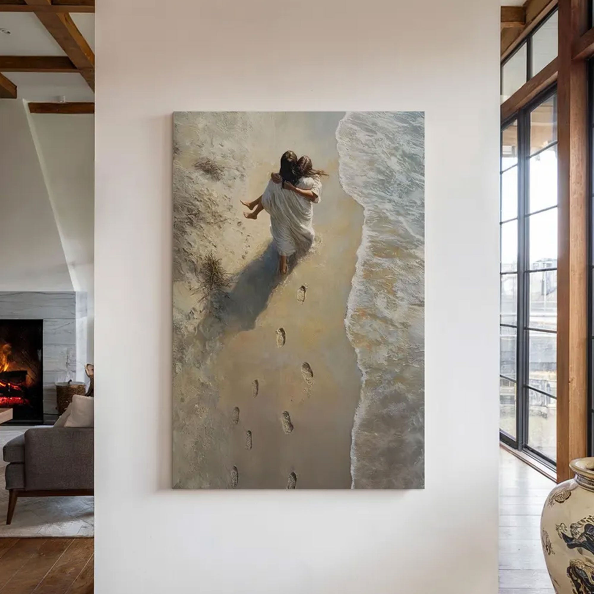 He Carried Me Canvas Print, Jesus Christ Portrait, Footprints in the Sand, Christian Wall Art, Framed Canvas