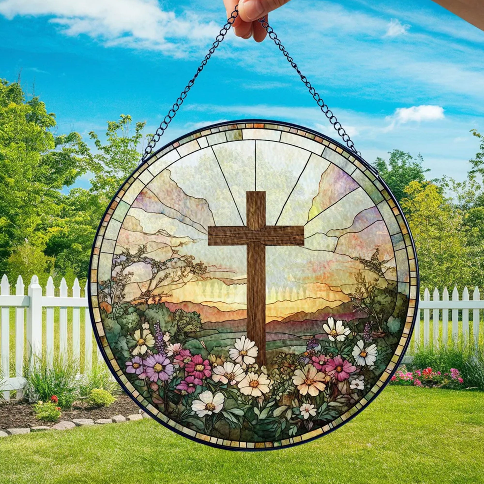Stained Glass Cross with Wildflowers Suncatcher, Christian Window Decor, Religious Faith Gift, Floral Hanging Ornament