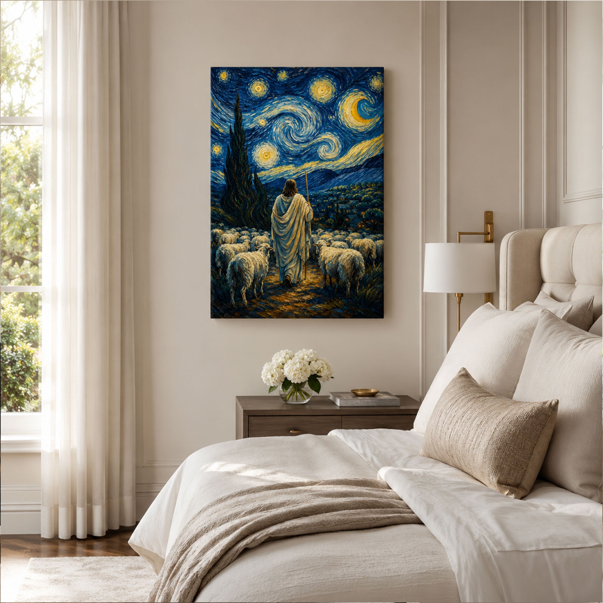 Jesus the Good Shepherd Starry Night Canvas Print, Christian Faith Decor