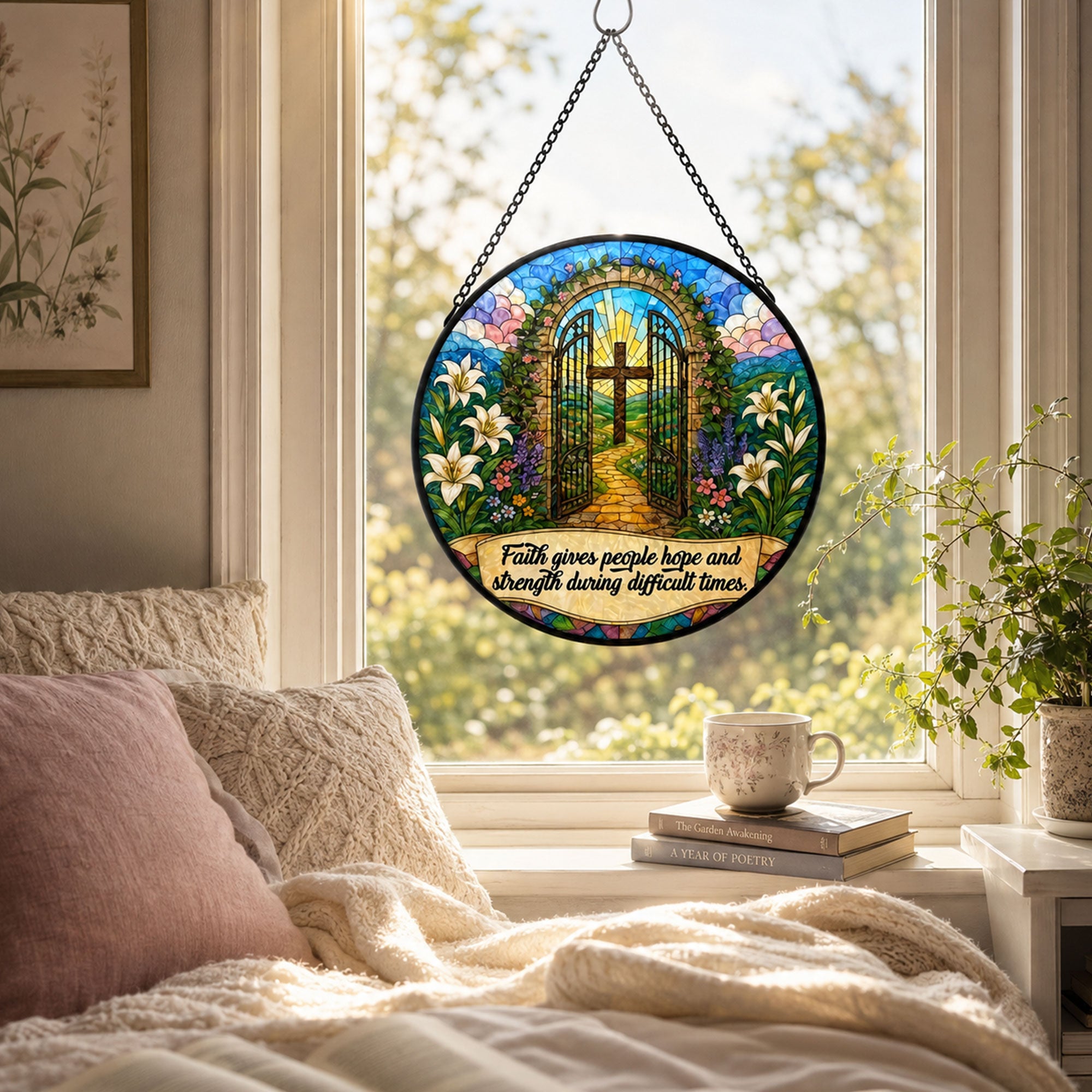 Faith Gives Hope and Strength Suncatcher, Christian Cross Window Hanging, Inspirational Religious Gift