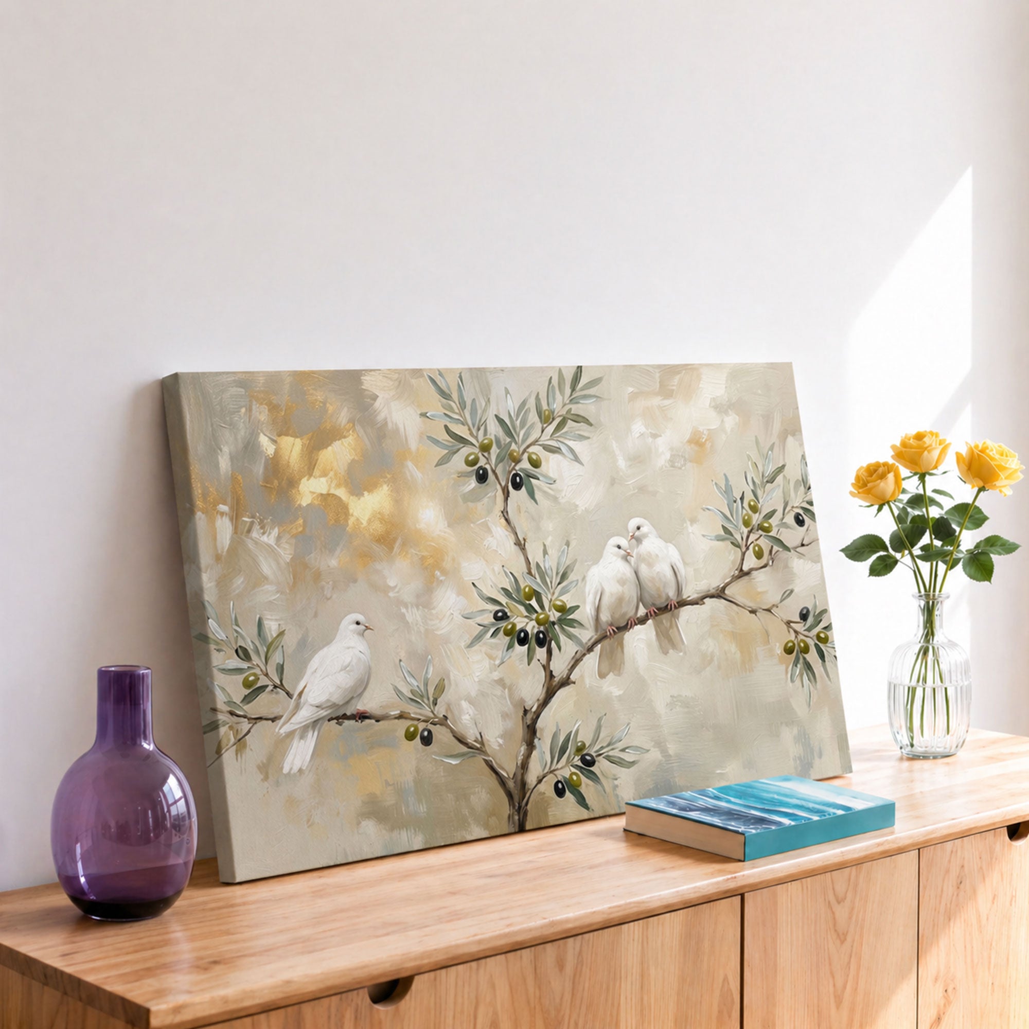 Olive Branch Dove Canvas Print, Symbol of Peace Wall Art, Neutral Bird Painting, Calm Minimalist Home Decor