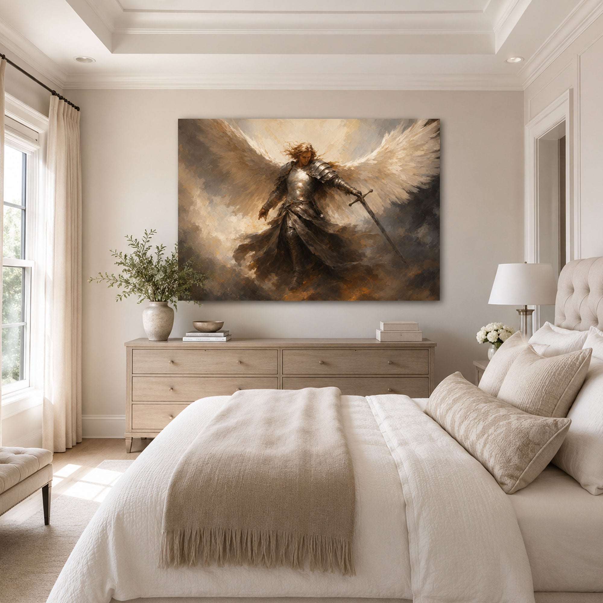 Saint Michael Archangel with Sword Canvas Print, White and Gold Catholic Art
