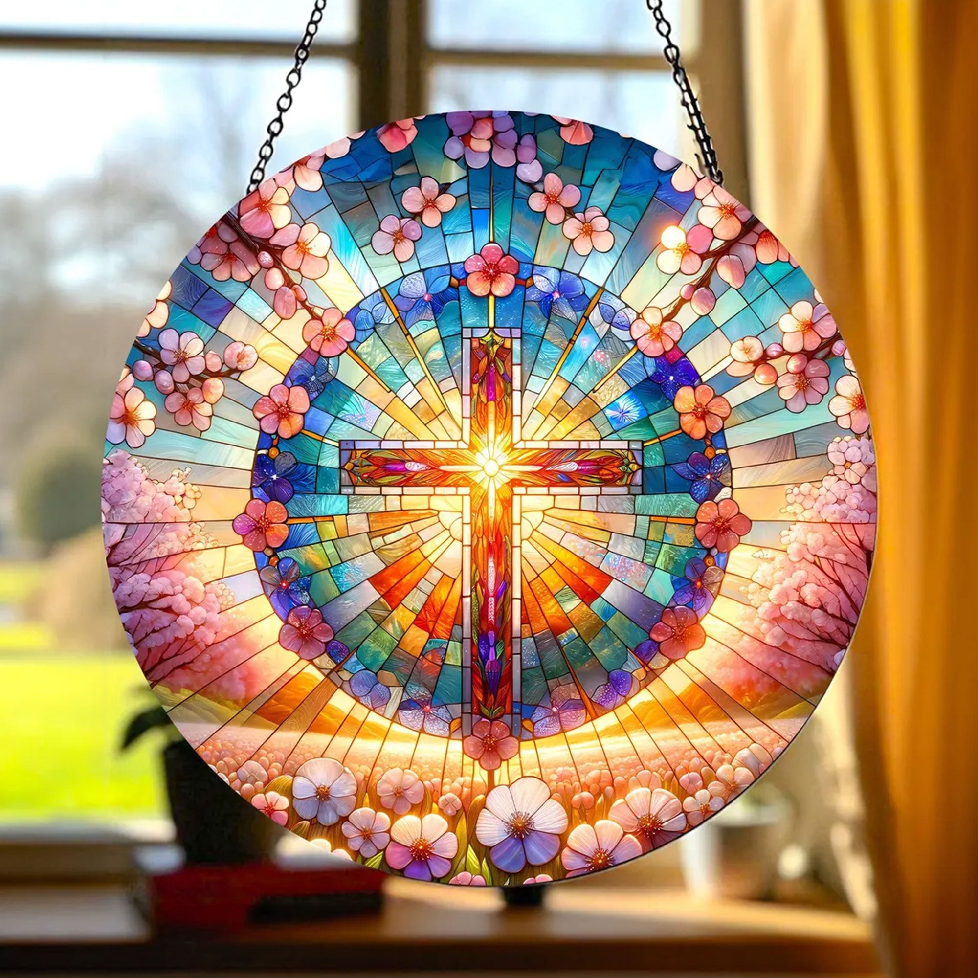 Cross Themed Suncatcher, Stained Glass Cross Window Hanging, Christian Home Decor Gift