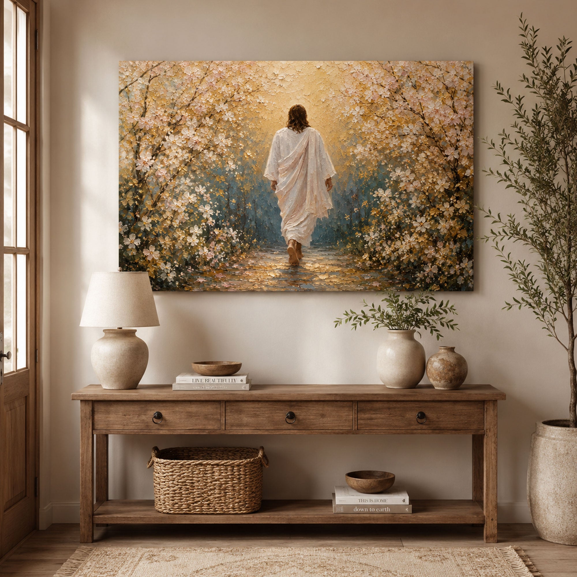 Jesus Leading the Way Canvas Print, Walk With Jesus Christian Wall Art, Floral Faith Journey Home Decor