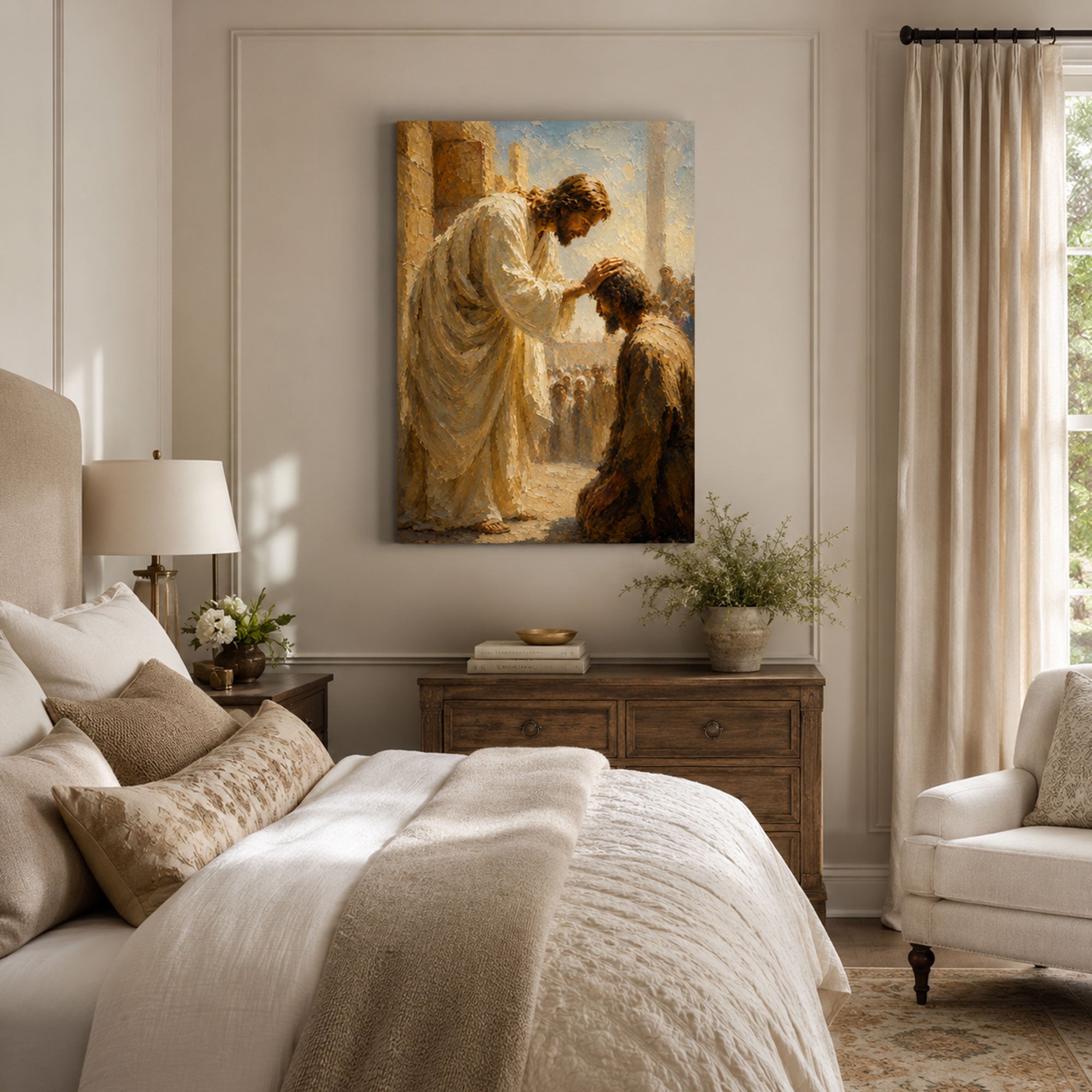 Jesus Laying Hands Canvas Print, Christian Healing Wall Art, Faith Home Decor Gift