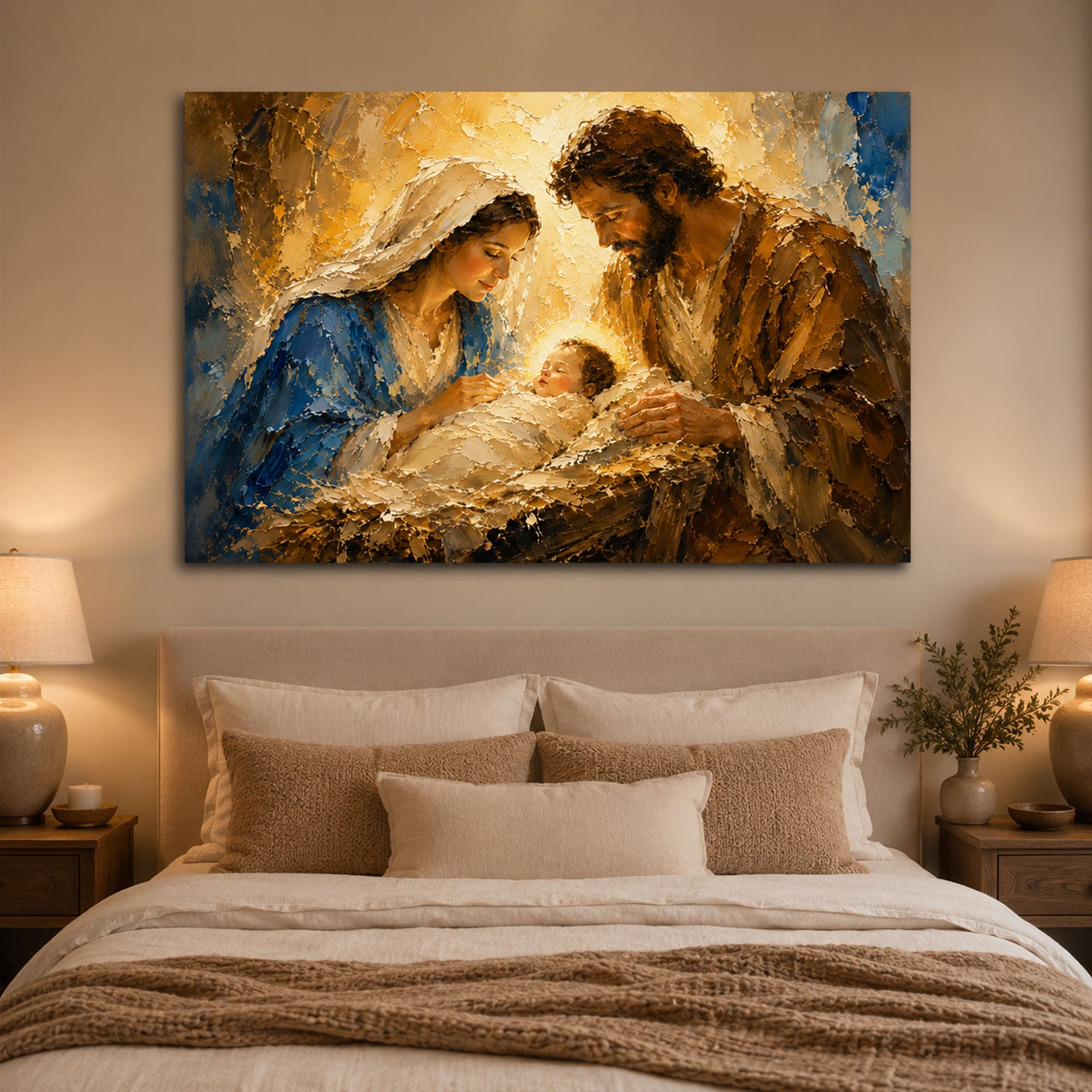 Holy Family Nativity Canvas Print, Baby Jesus in Manger Wall Art, Christmas Catholic Home Decor