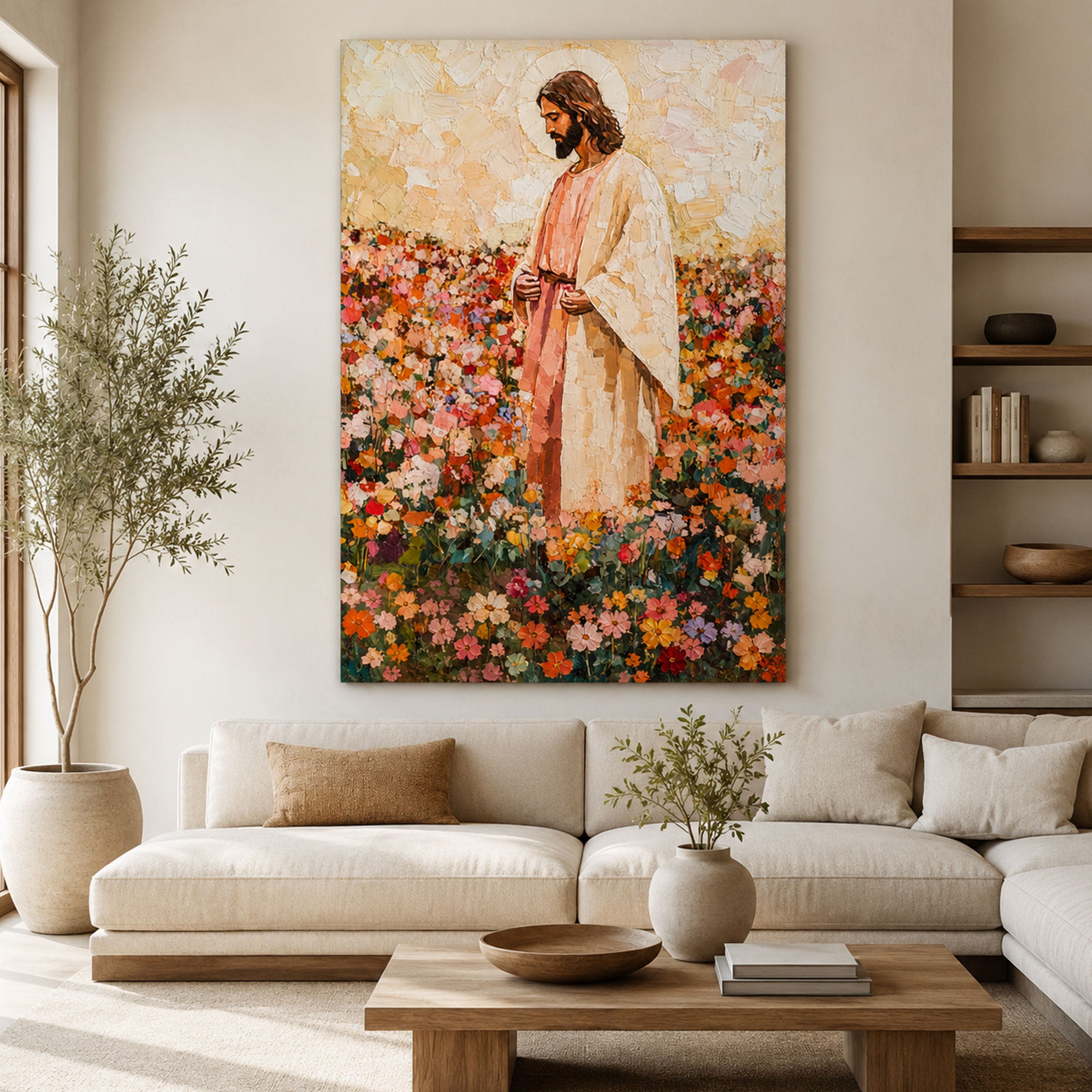 Jesus in Wildflower Field Canvas Print, Impressionist Christian Wall Art, Peaceful Faith Home Decor