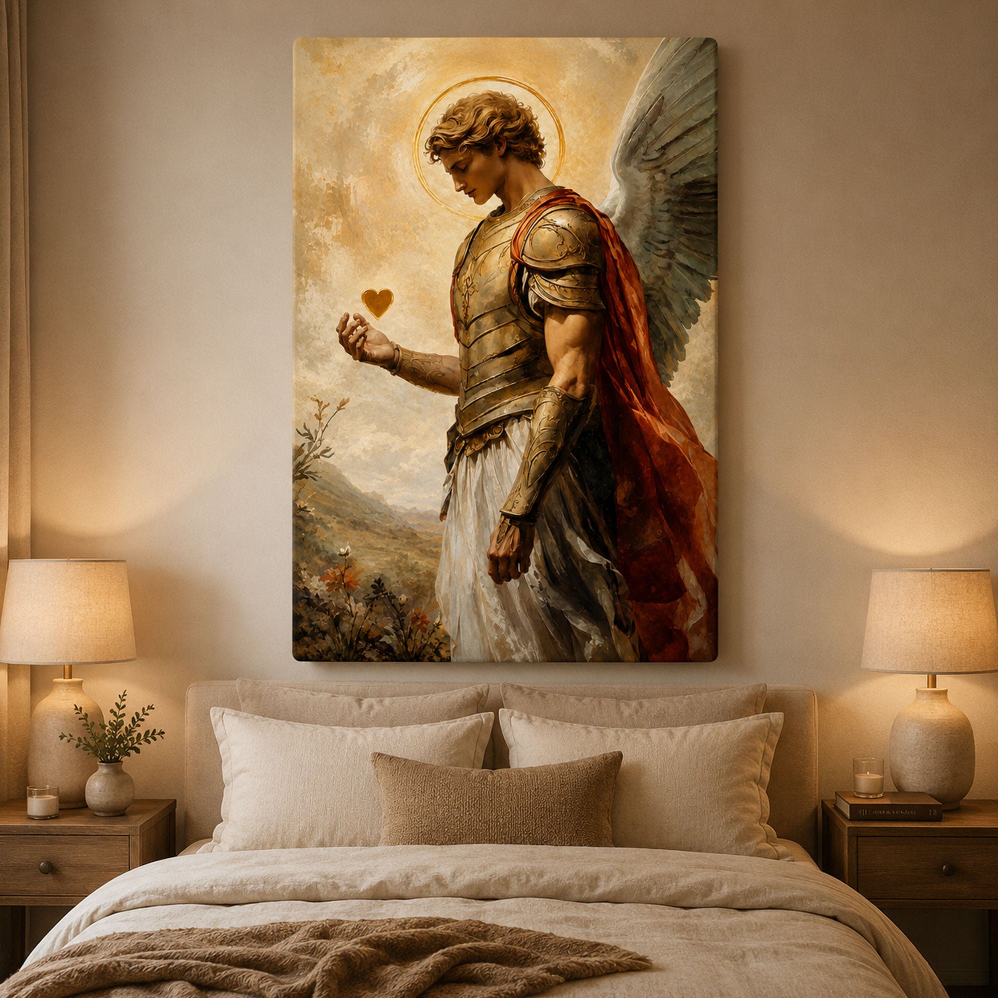 Archangel Holding Golden Heart Canvas Print, Catholic Christian Wall Art, Heavenly Faith Home Decor