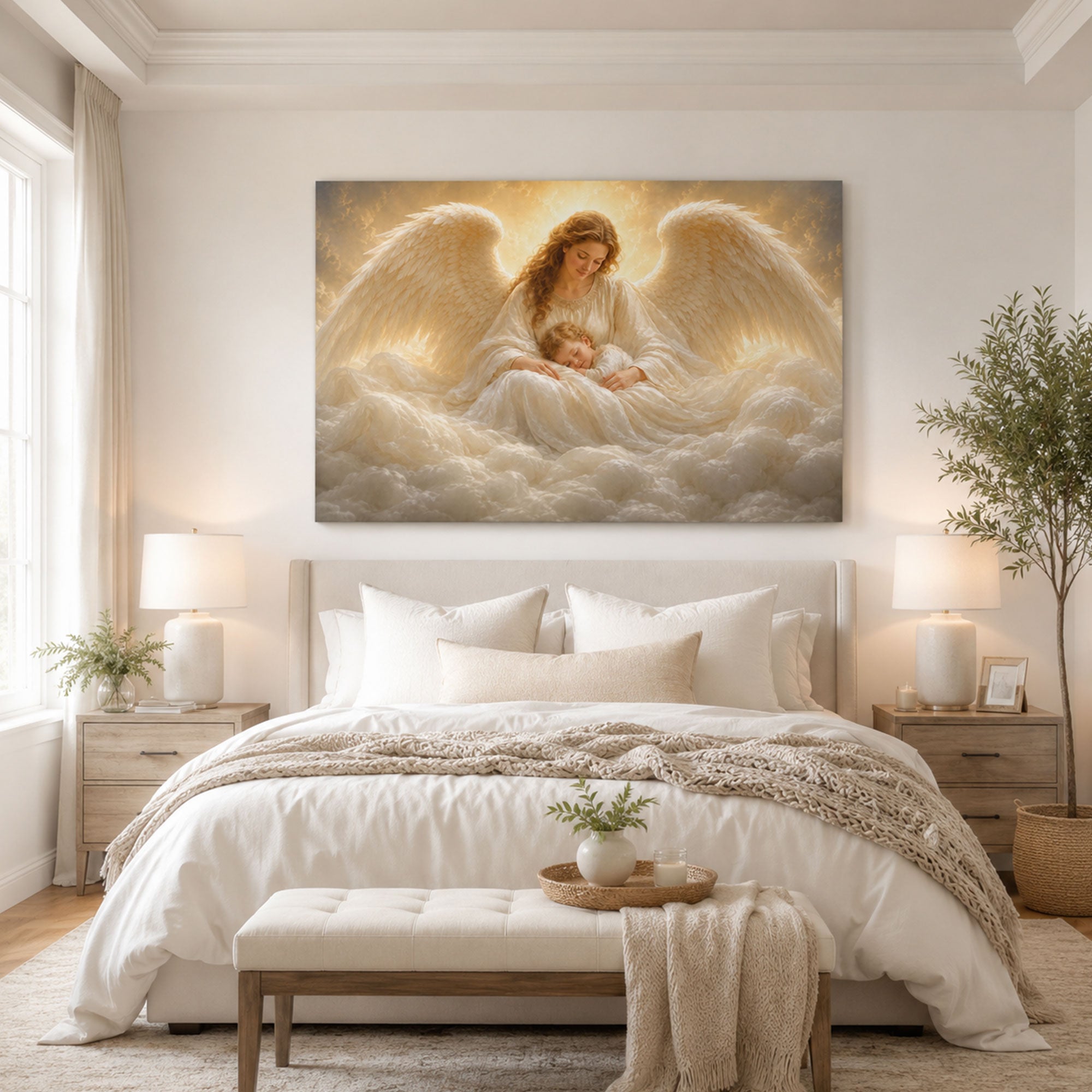 Guardian Angel with Sleeping Child Canvas Print, Heavenly Christian Nursery Wall Art, Baptism Gift
