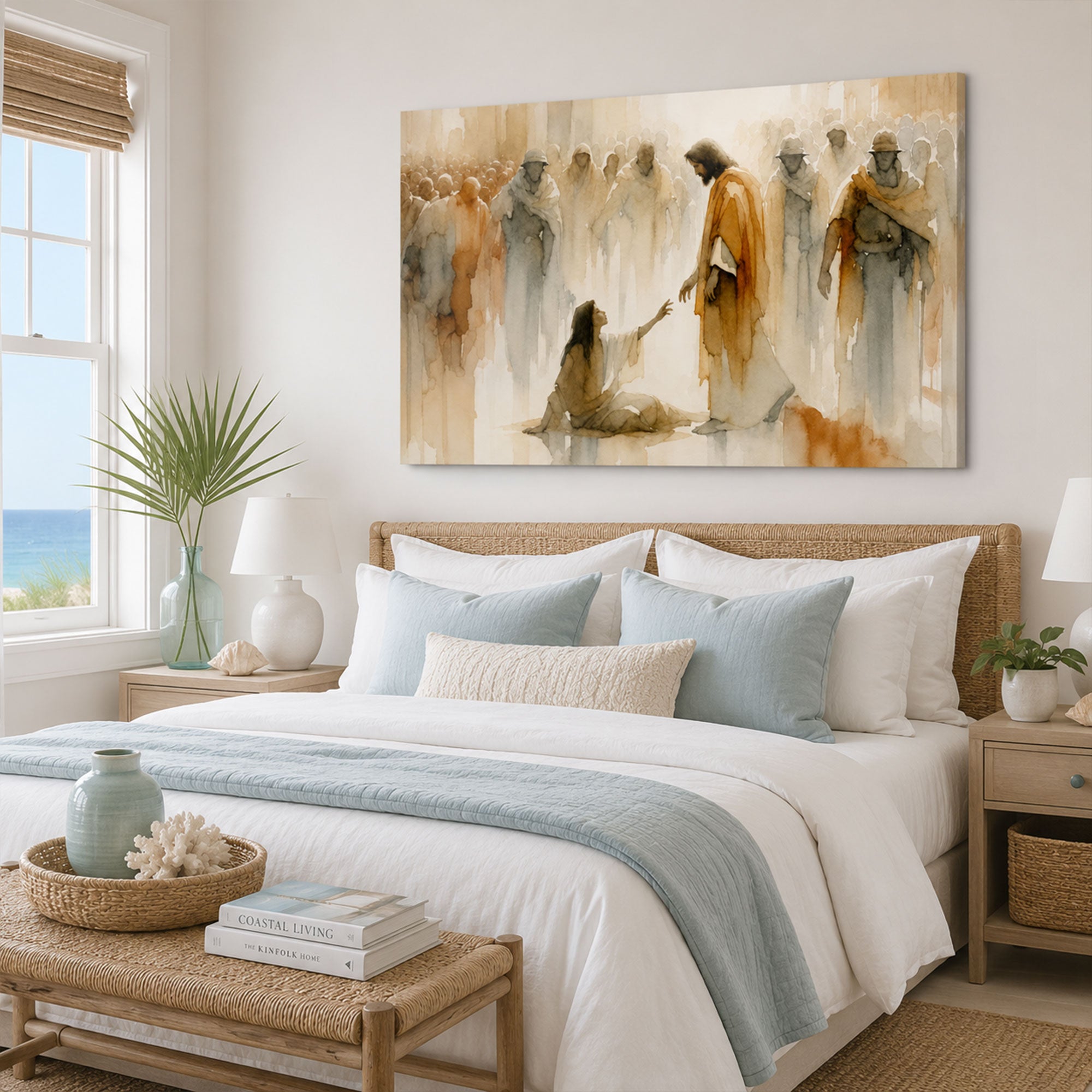 Jesus Heals the Woman Watercolor Canvas Print, Biblical Miracle Christian Wall Art, Inspirational Faith Decor