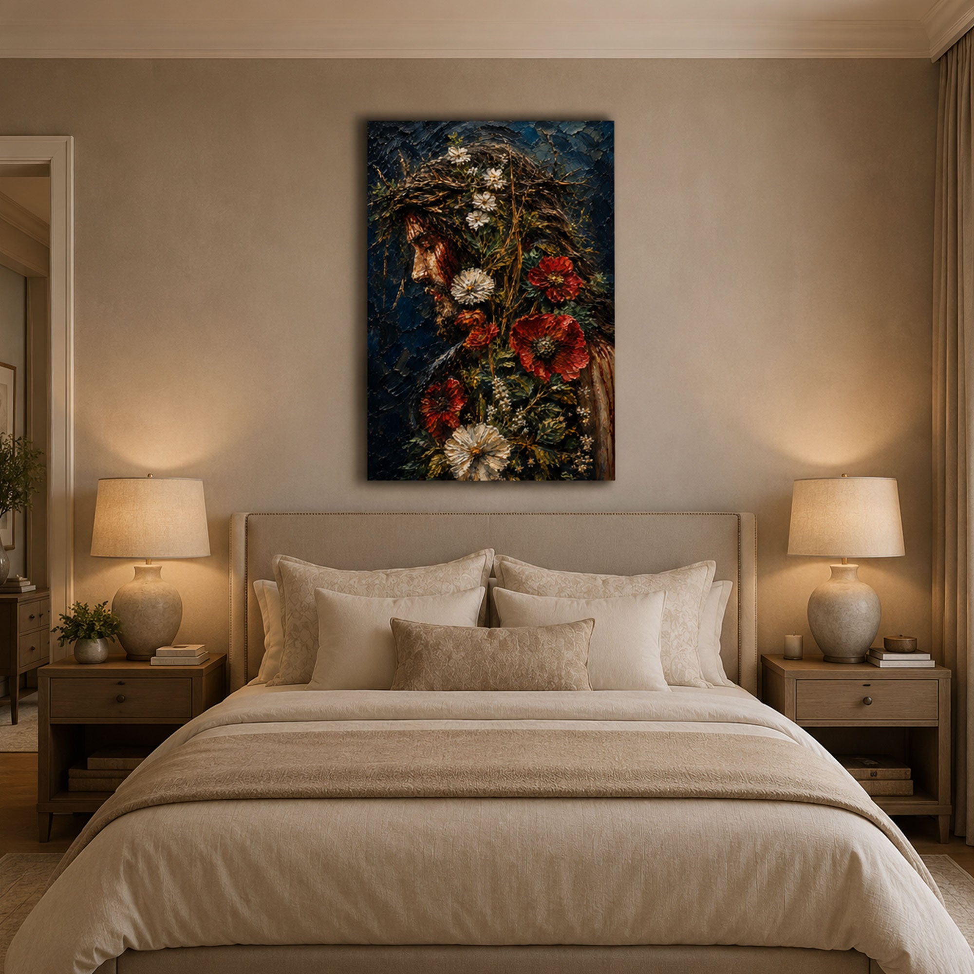 Jesus Crown of Thorns Floral Canvas Print, Dark Christian Wall Art, Faith Home Decor Gift