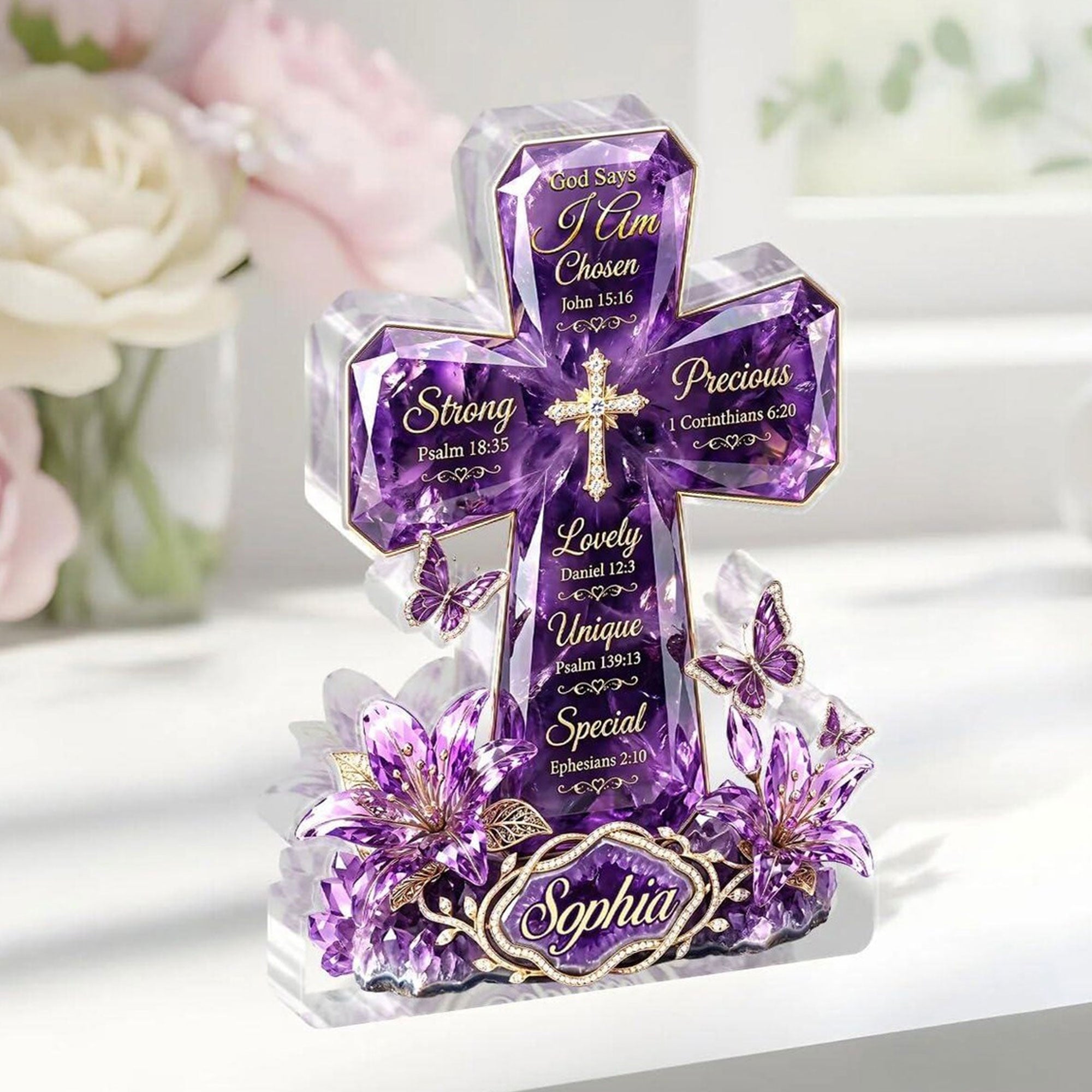 Personalized God Says I Am Chosen Cross Acrylic Desk Plaque, Christian Bible Verse Affirmation Gift