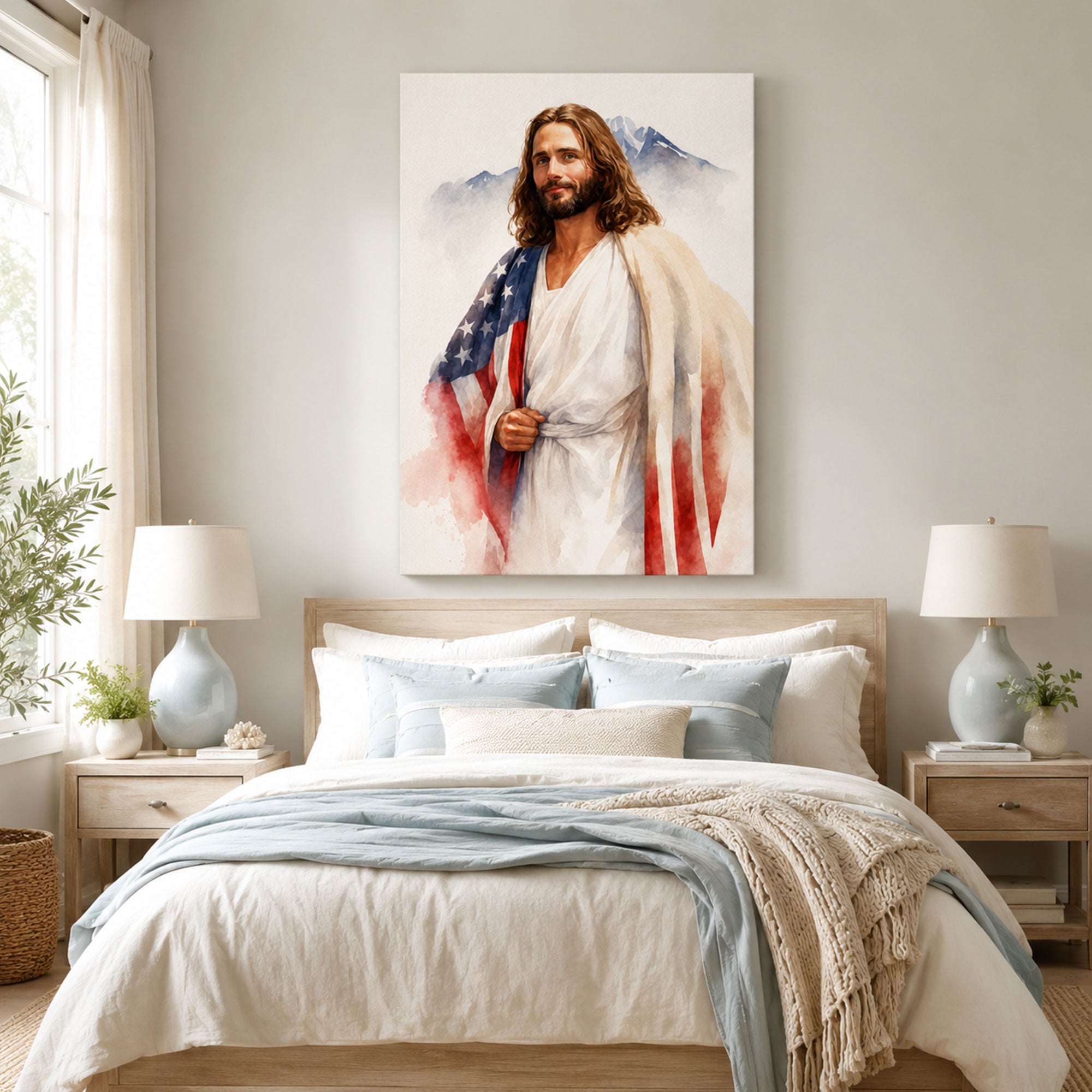 Jesus and American Flag Canvas Print, Patriotic Christian Wall Art, One Nation Under God Faith Home Decor