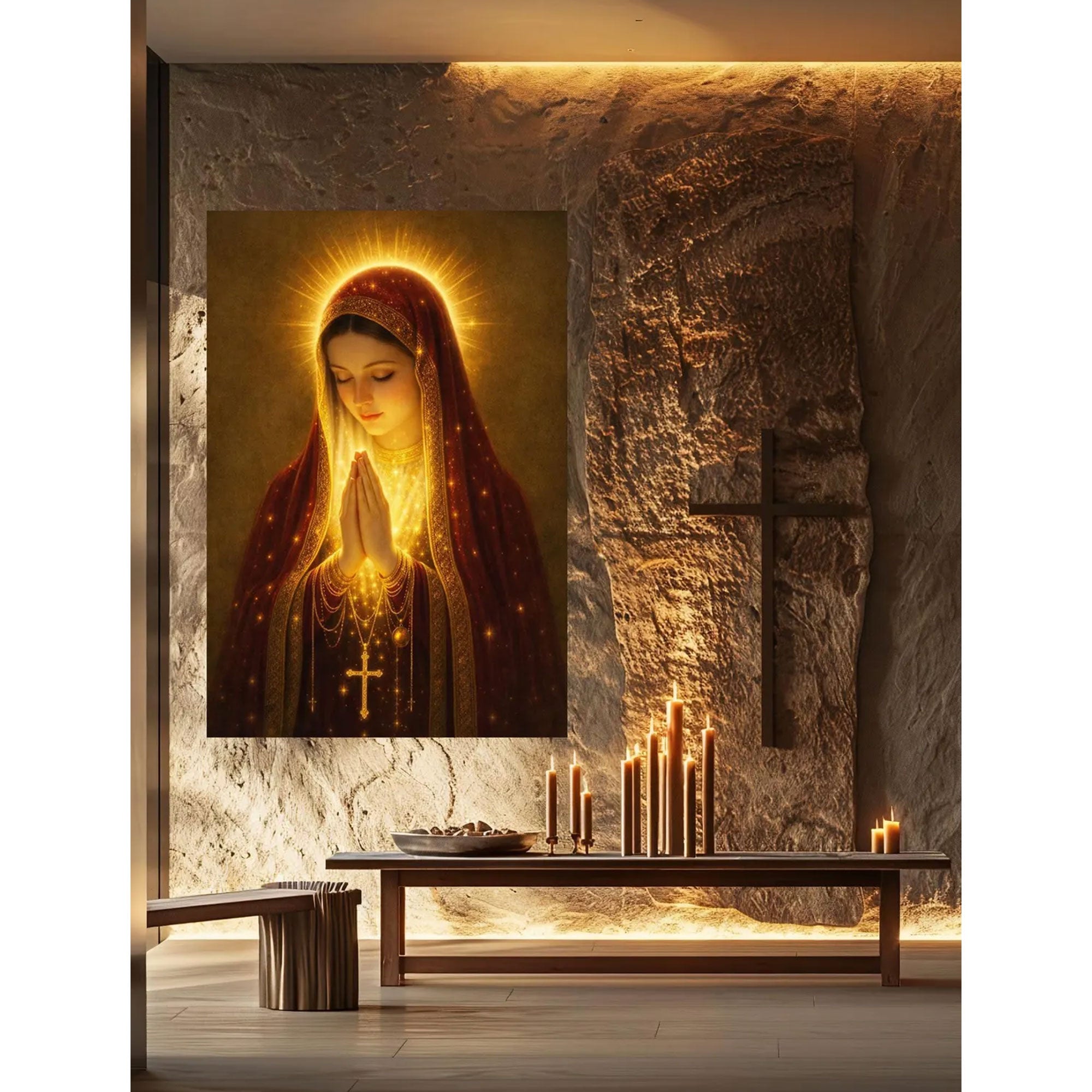 Virgin Mary Golden Halo Canvas Print, Blessed Mother Praying Wall Art, Catholic Religious Decor, Sacred Christian Home Artwork, Inspirational Faith Gift