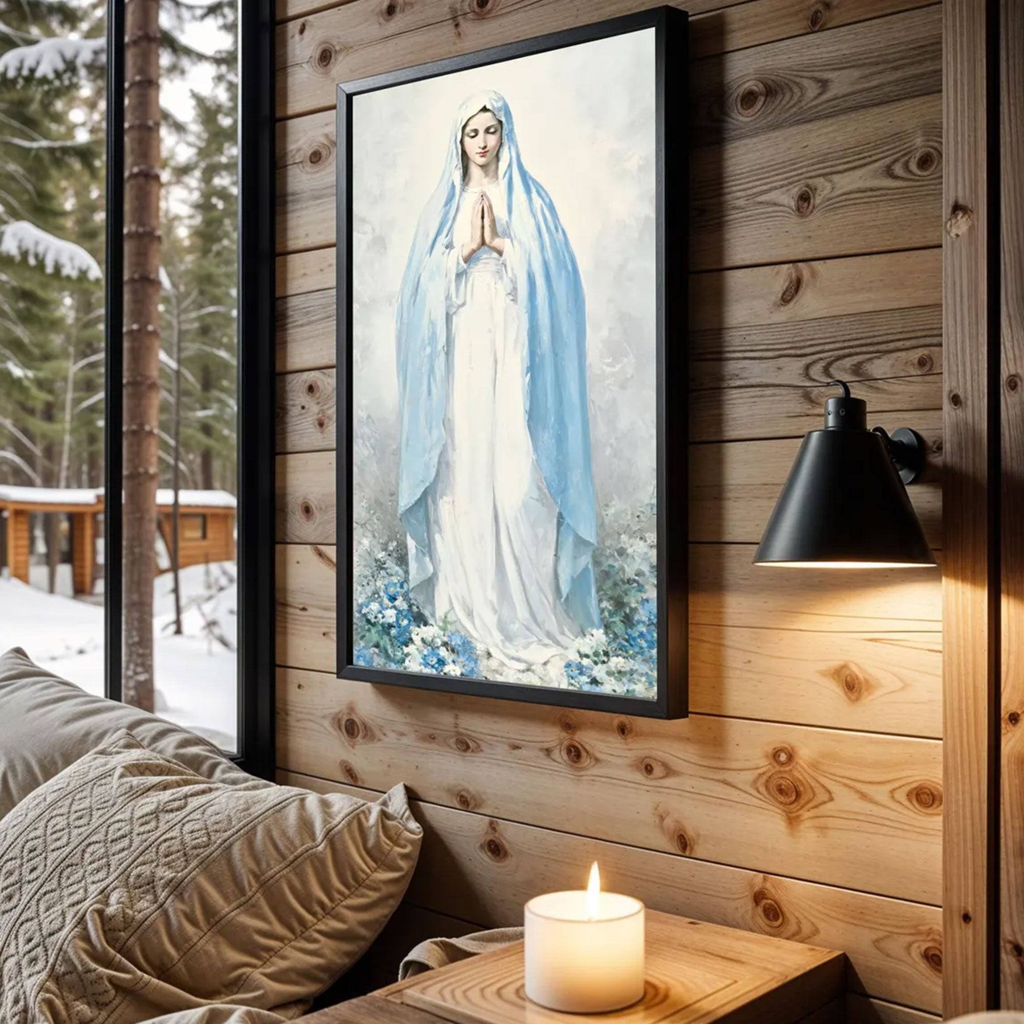 Virgin Mary Prayer Art Blue White Catholic Wall Decor, Our Lady of Lourdes Canvas Print