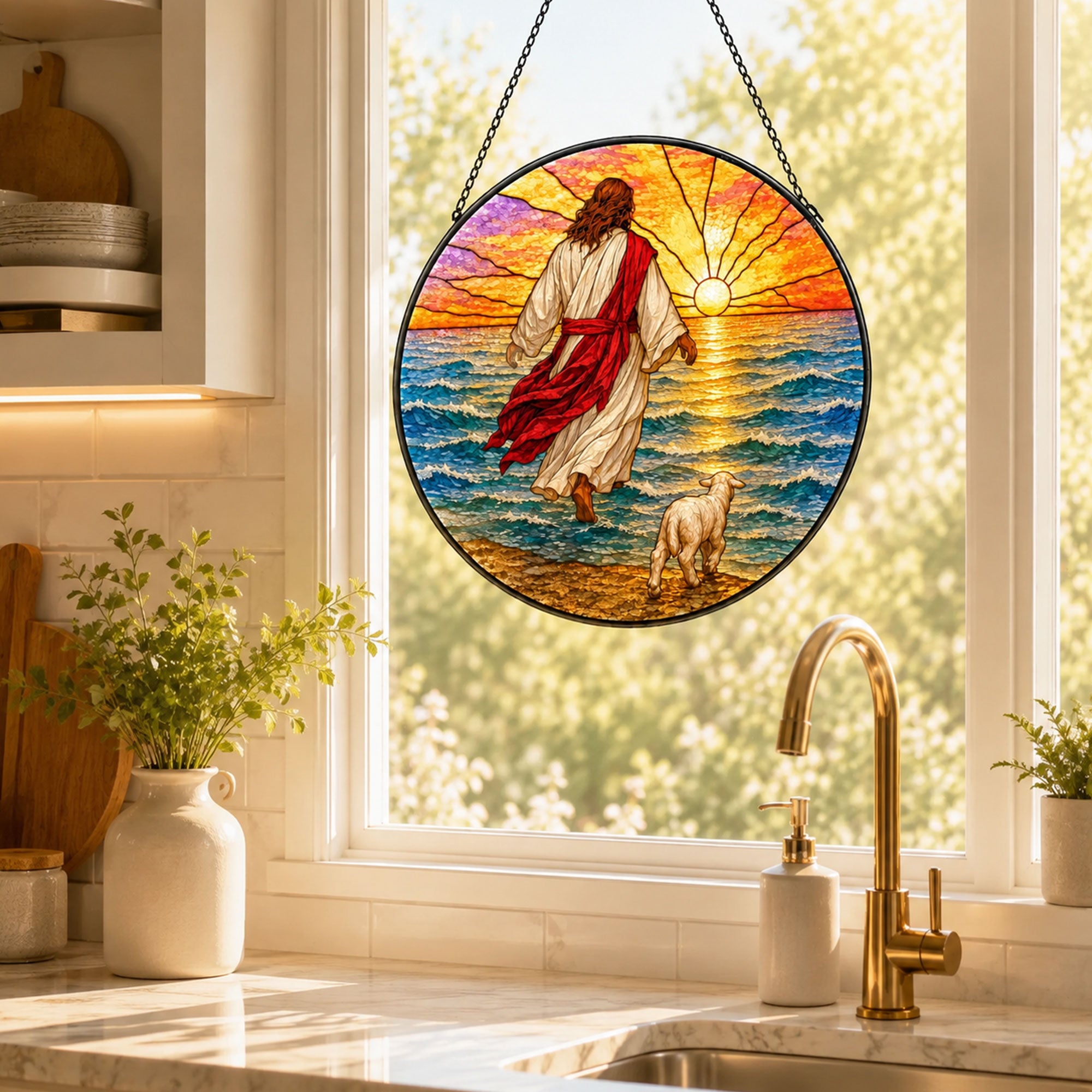 Follow Jesus Suncatcher, Christ Walking on Water with Lamb, Christian Faith Window Decor