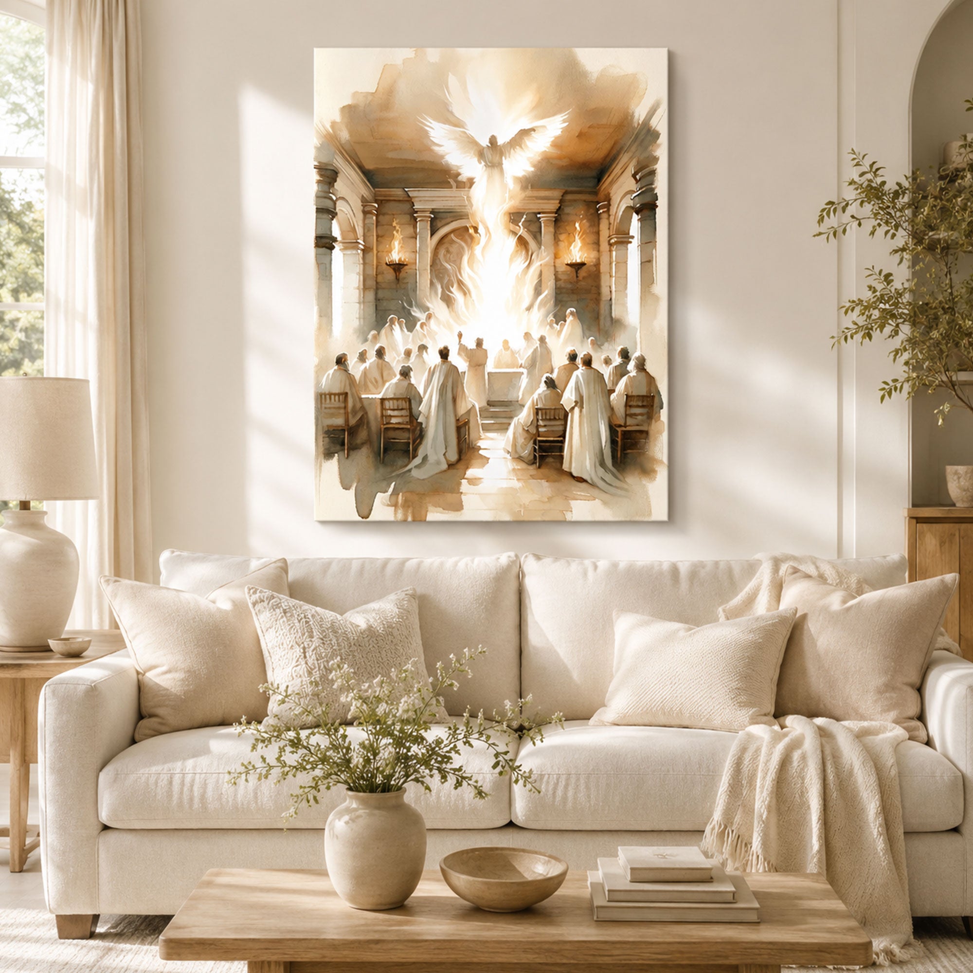 Pentecost Holy Spirit Canvas Print, Dove of Fire Christian Wall Art, Sacred Church Gathering Faith Decor