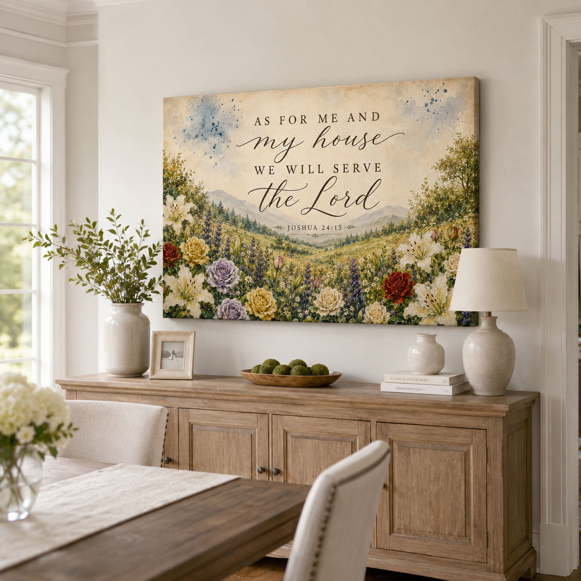 Joshua 24:15 Canvas Print, As for Me and My House Christian Scripture Wall Art, Floral Faith Home Decor Gift