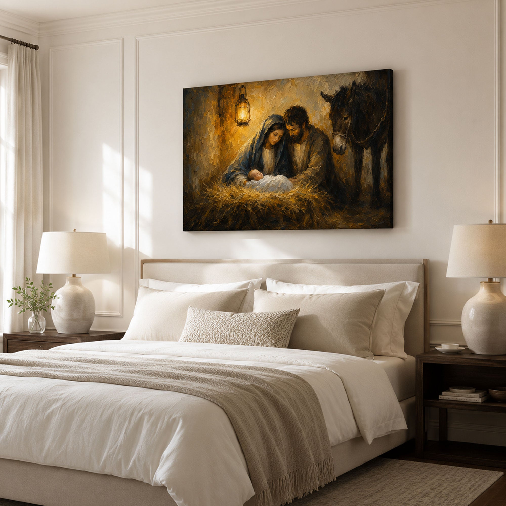 Holy Family by Lantern Light Canvas Print, Rustic Nativity Catholic Decor
