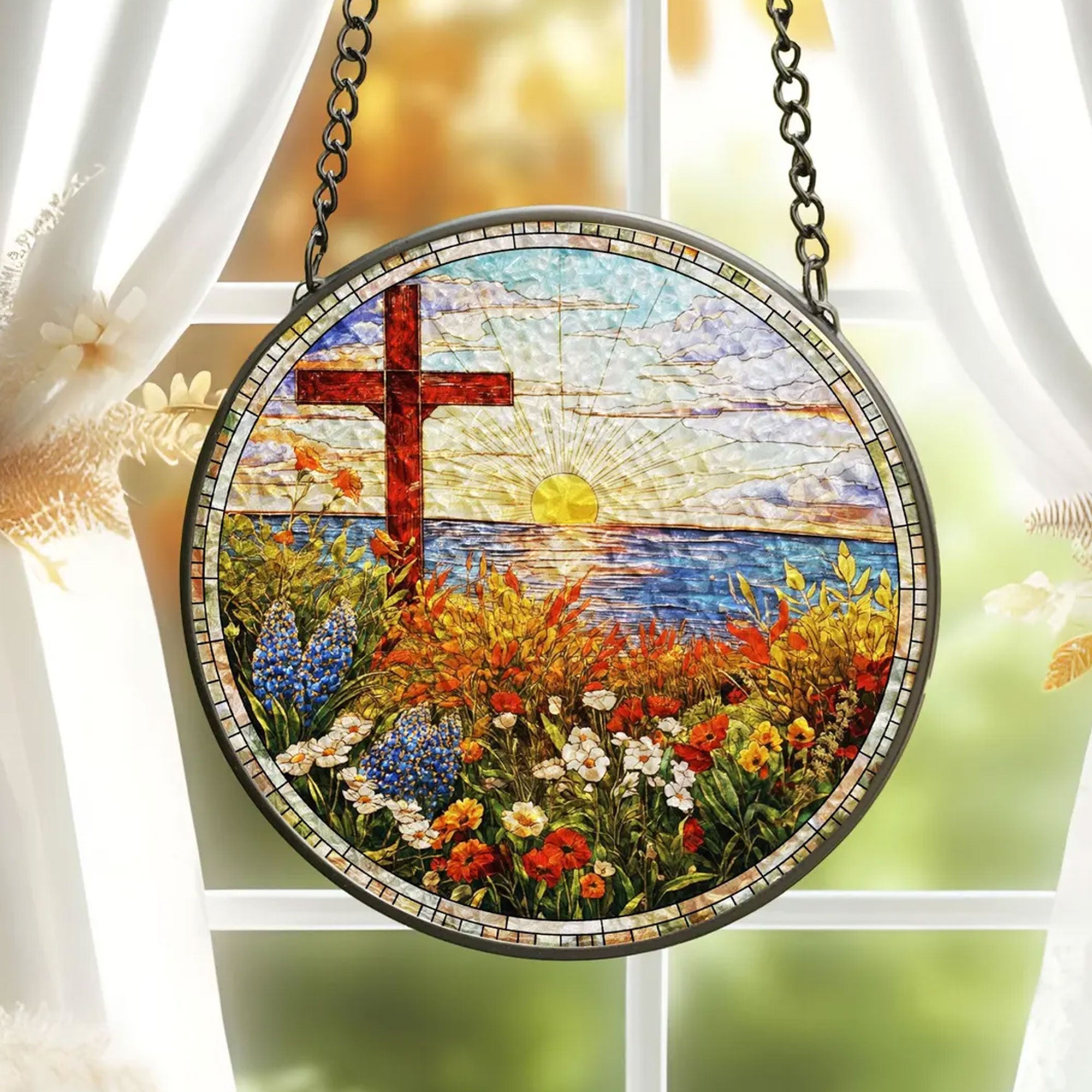 Christian Cross Stained Glass Suncatcher, Religious Window Hanging Decor, Faith Gift, Handmade Home Ornament