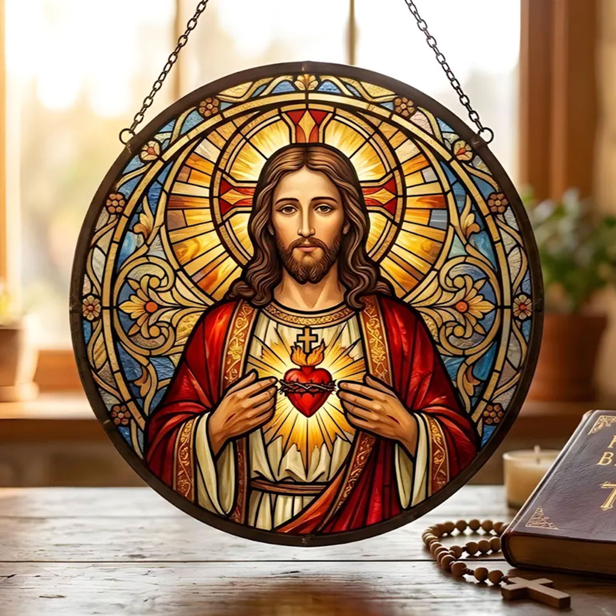 Sacred Heart of Jesus Suncatcher, Catholic Window Hanging, Christian Home Decor Gift