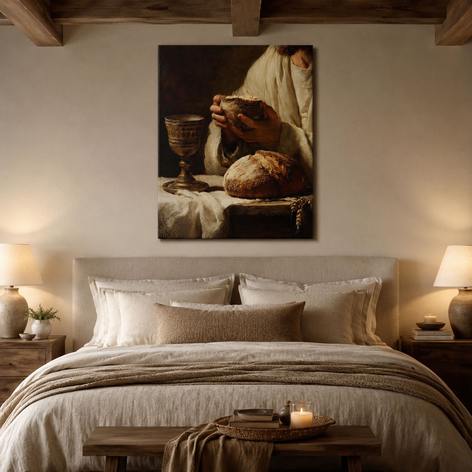 Jesus Breaking Bread Canvas Print, Eucharist Bread and Wine Christian Wall Art, Sacred Communion Decor