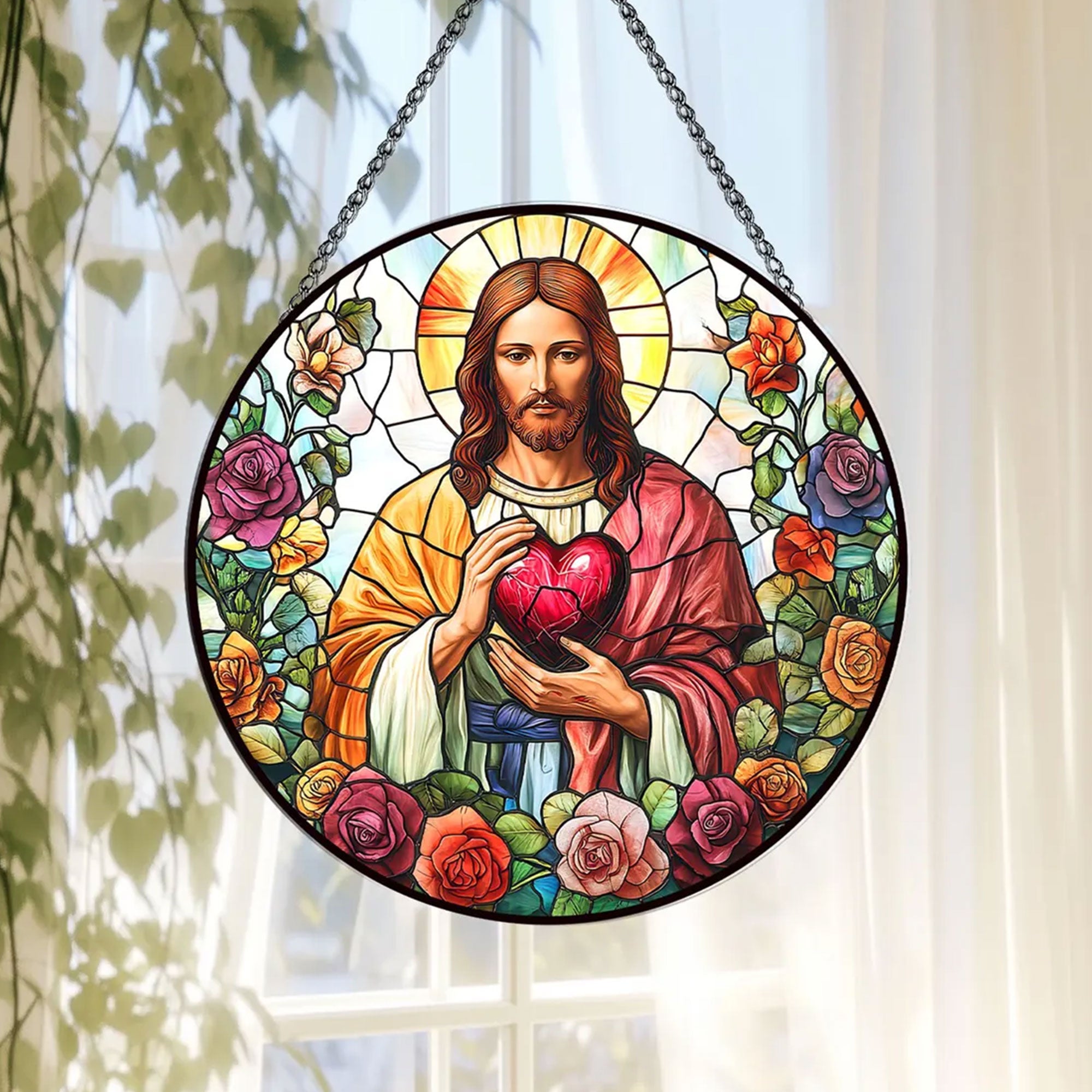 Sacred Heart of Jesus Stained Glass Suncatcher, Christian Window Hanging Decor, Catholic Religious Faith Gift