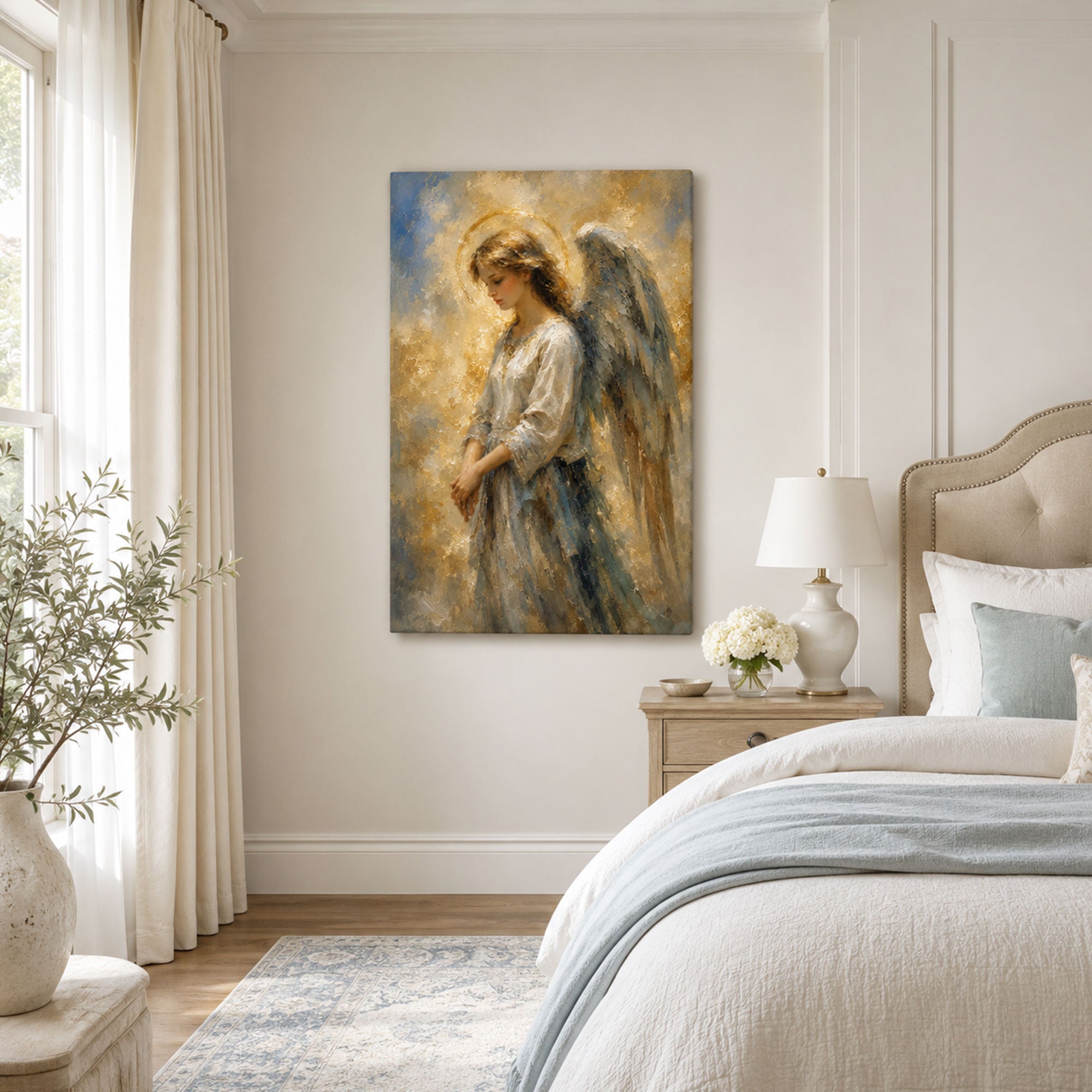 Guardian Angel in Quiet Prayer Canvas Print, Soft Gold Christian Decor