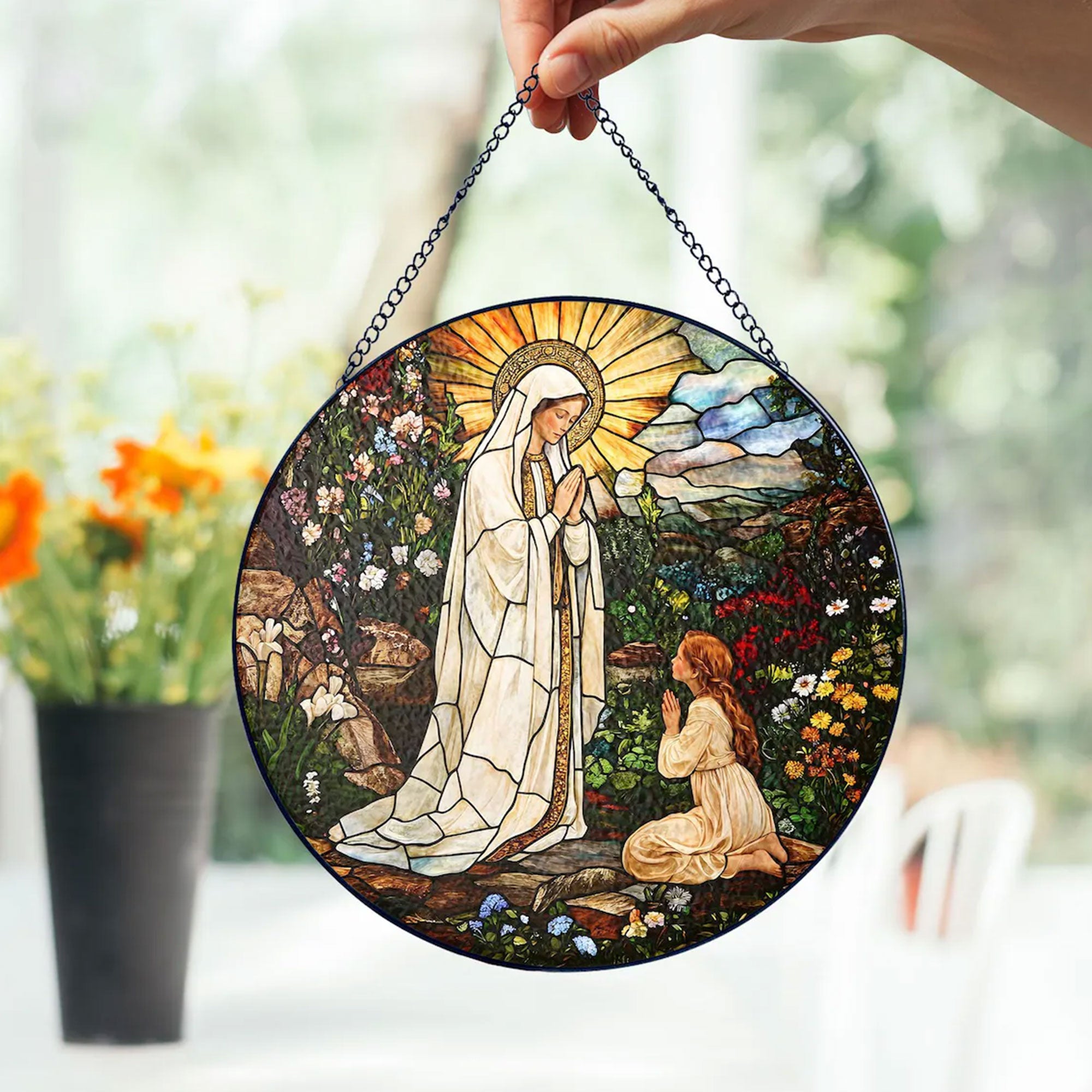 Our Lady of Lourdes Stained Glass Suncatcher, Virgin Mary Catholic Window Hanging, Religious Faith Gift, Christian Home Decor