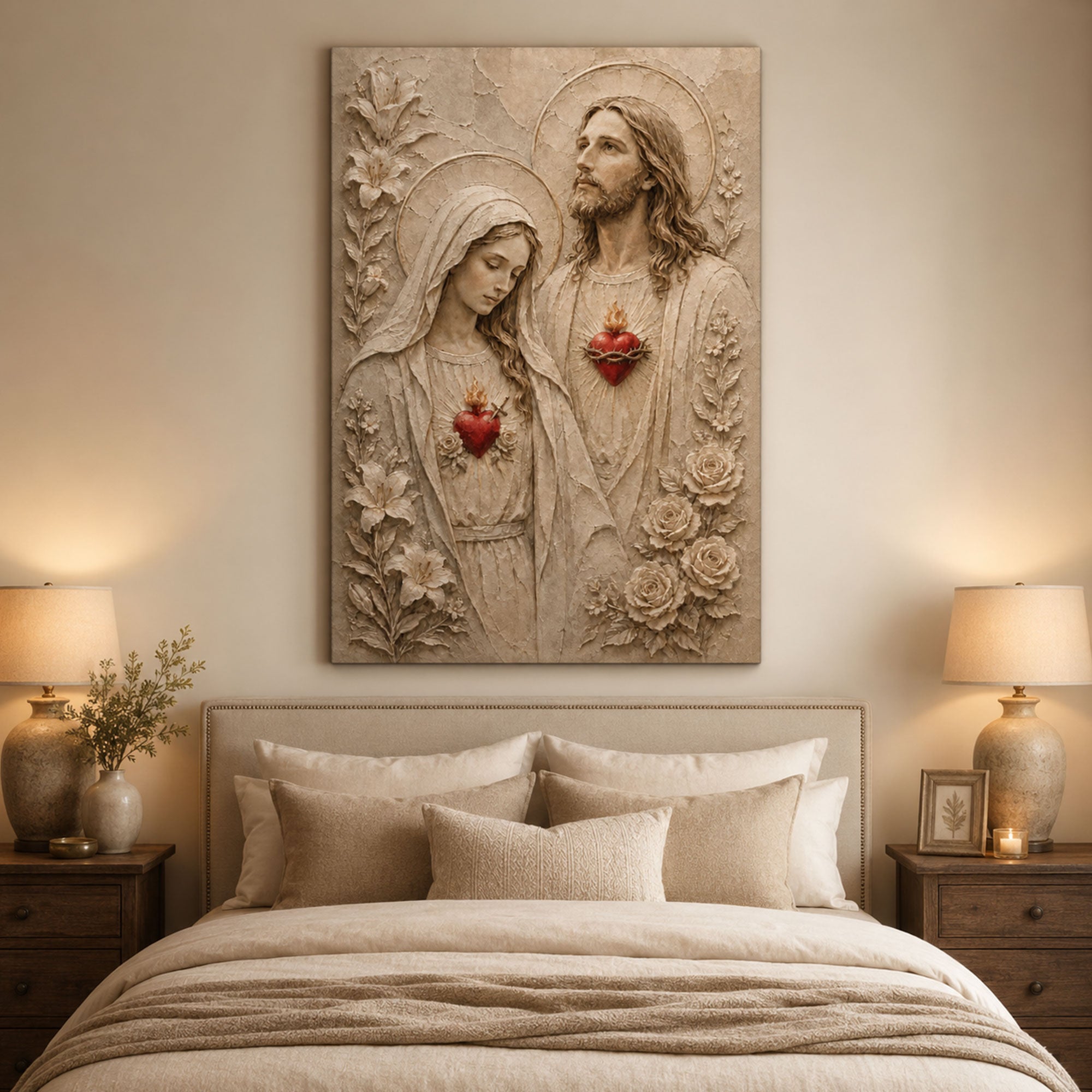 Sacred Heart of Jesus and Immaculate Heart of Mary Canvas Print, Catholic Wall Art, Christian Religious Home Decor