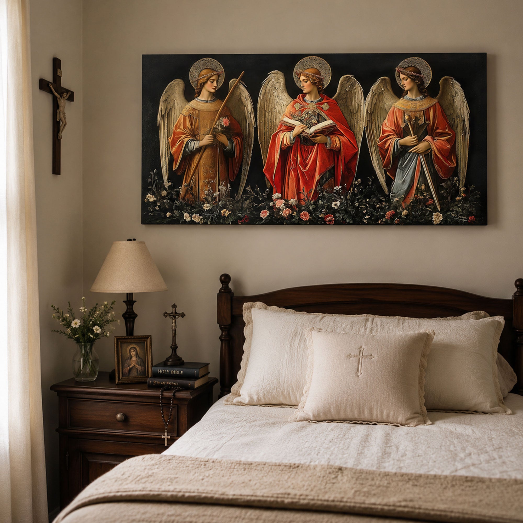 Three Angels Canvas Print, Catholic Angel Wall Art, Faith Home Decor